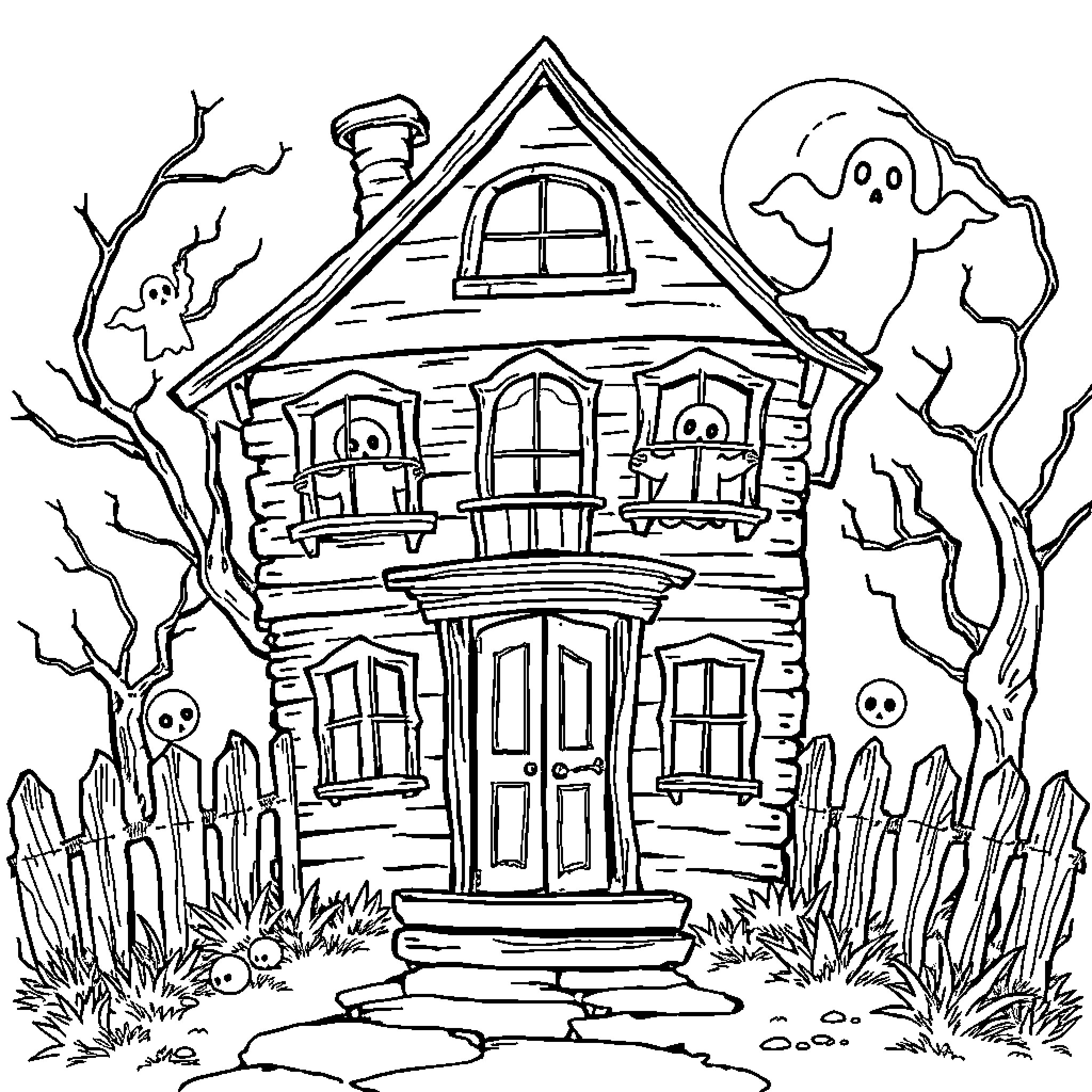 Haunted House with Spooky Ghosts and Ghouls Coloring Page (free black-and-white line drawing printable PDF for all, from beginners to advanced learners, including children, teens, adults, and seniors)