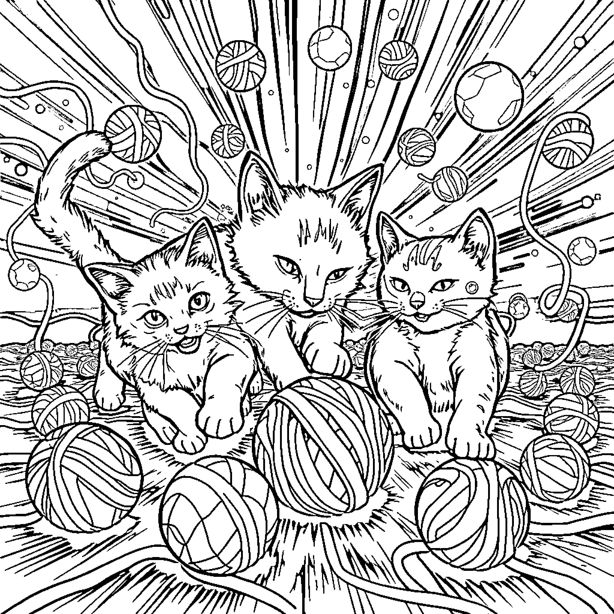 Cat kittens playing with yarn balls in colorful setting Coloring Page (free black-and-white line drawing printable PDF for all, from beginners to advanced learners, including children, teens, adults, and seniors)
