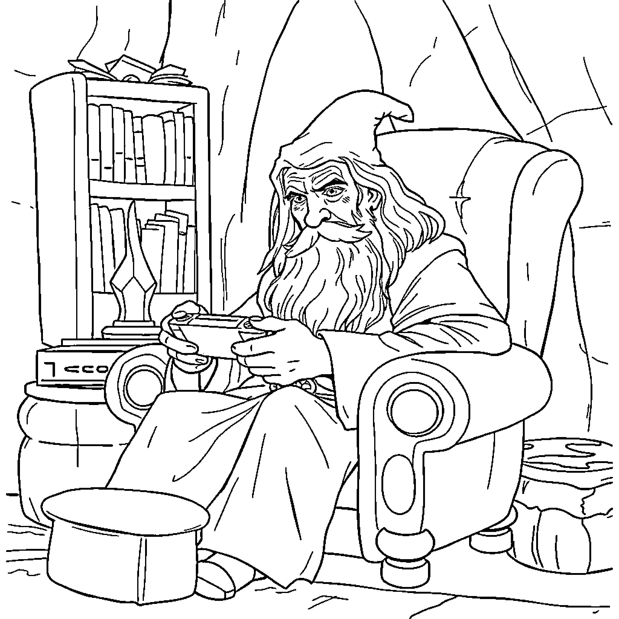 Gandalf Relaxing by the Fireplace with Books Coloring Page (free black-and-white line drawing printable PDF for all, from beginners to advanced learners, including children, teens, adults, and seniors)