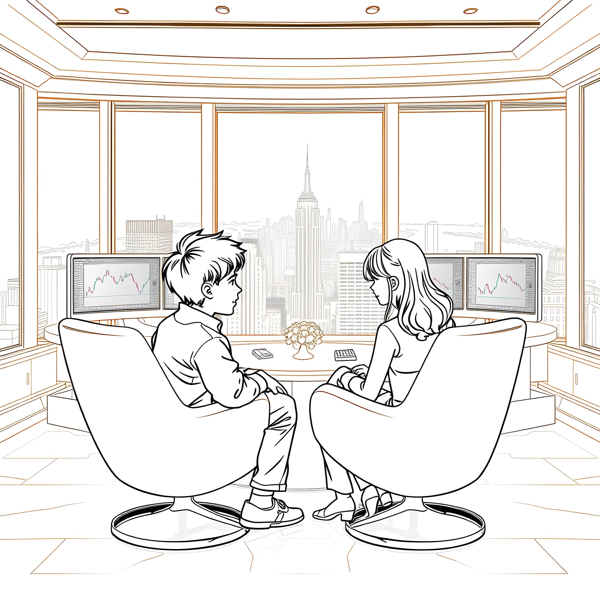 Child business partners discussing financial data in office Coloring Page (free black-and-white line drawing printable PDF for all, from beginners to advanced learners, including children, teens, adults, and seniors)