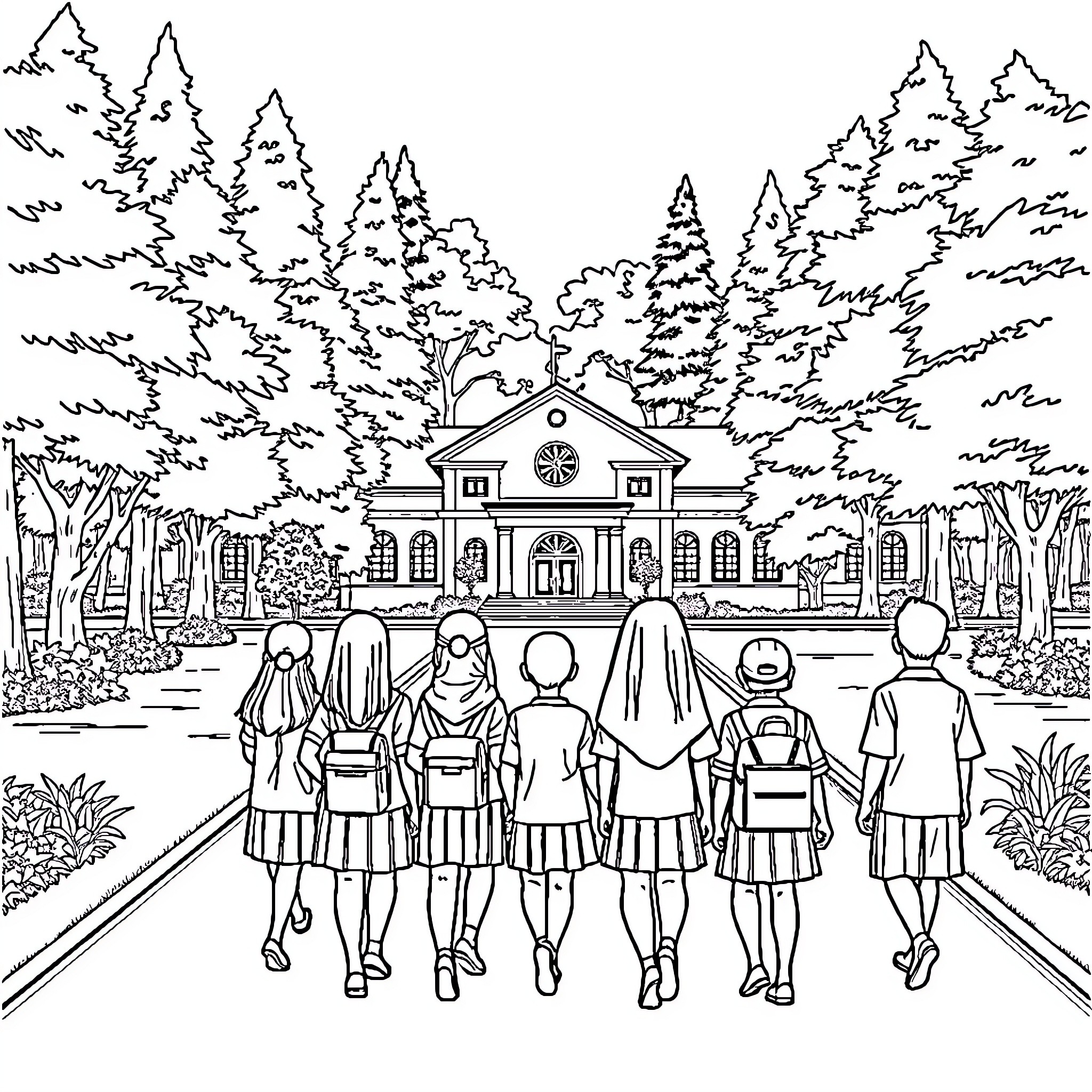 Students walking together on a school campus Coloring Page (free black-and-white line drawing printable PDF for all, from beginners to advanced learners, including children, teens, adults, and seniors)