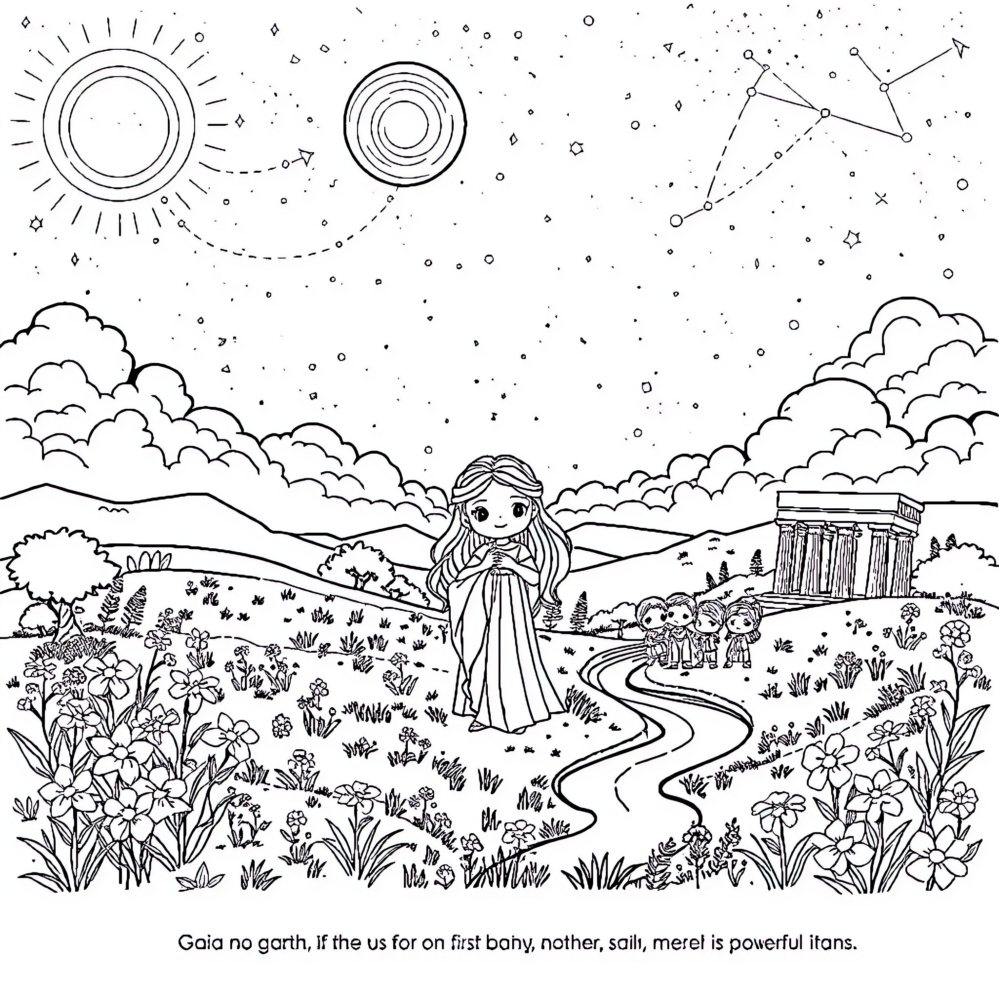 Gaia's Cosmic Journey through Nature's Wonders Coloring Page (free black-and-white line drawing printable PDF for all, from beginners to advanced learners, including children, teens, adults, and seniors)