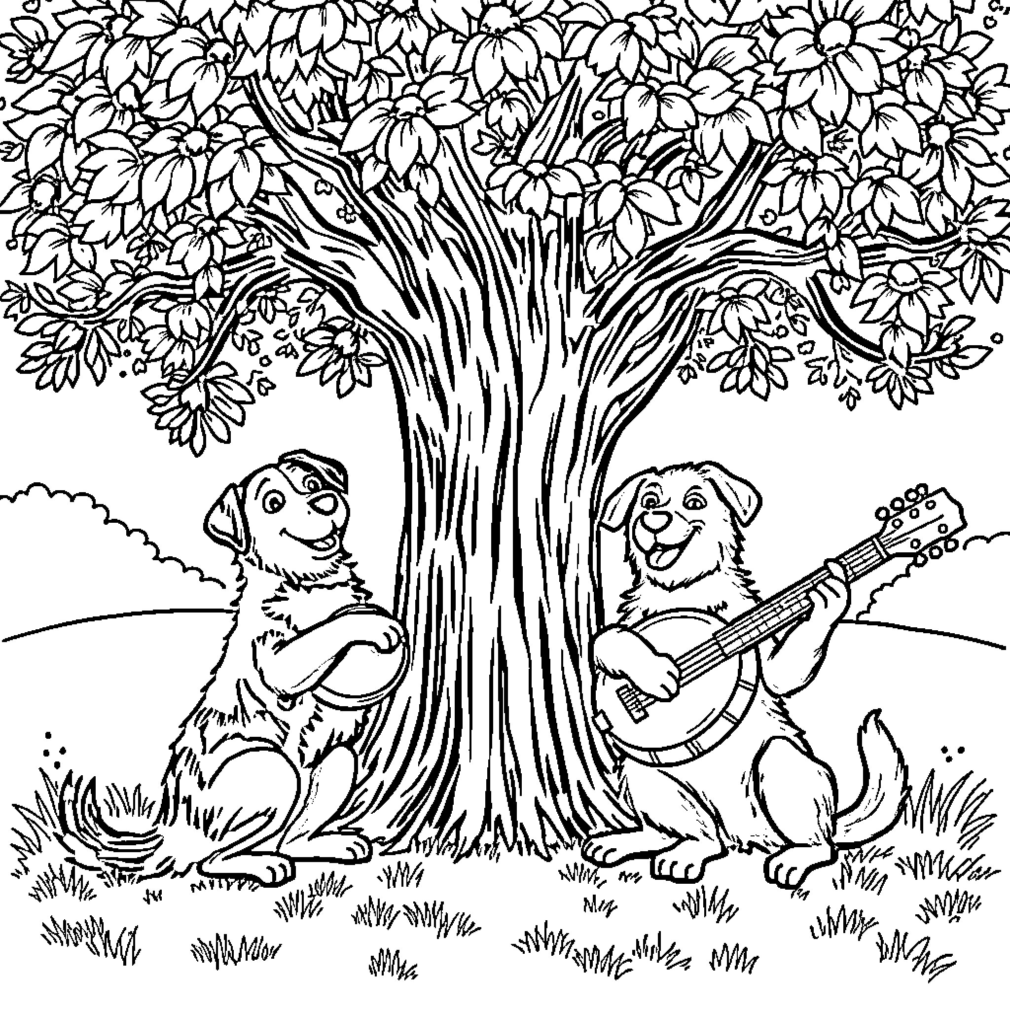 Dog friends playing music under a big tree Coloring Page (free black-and-white line drawing printable PDF for all, from beginners to advanced learners, including children, teens, adults, and seniors)