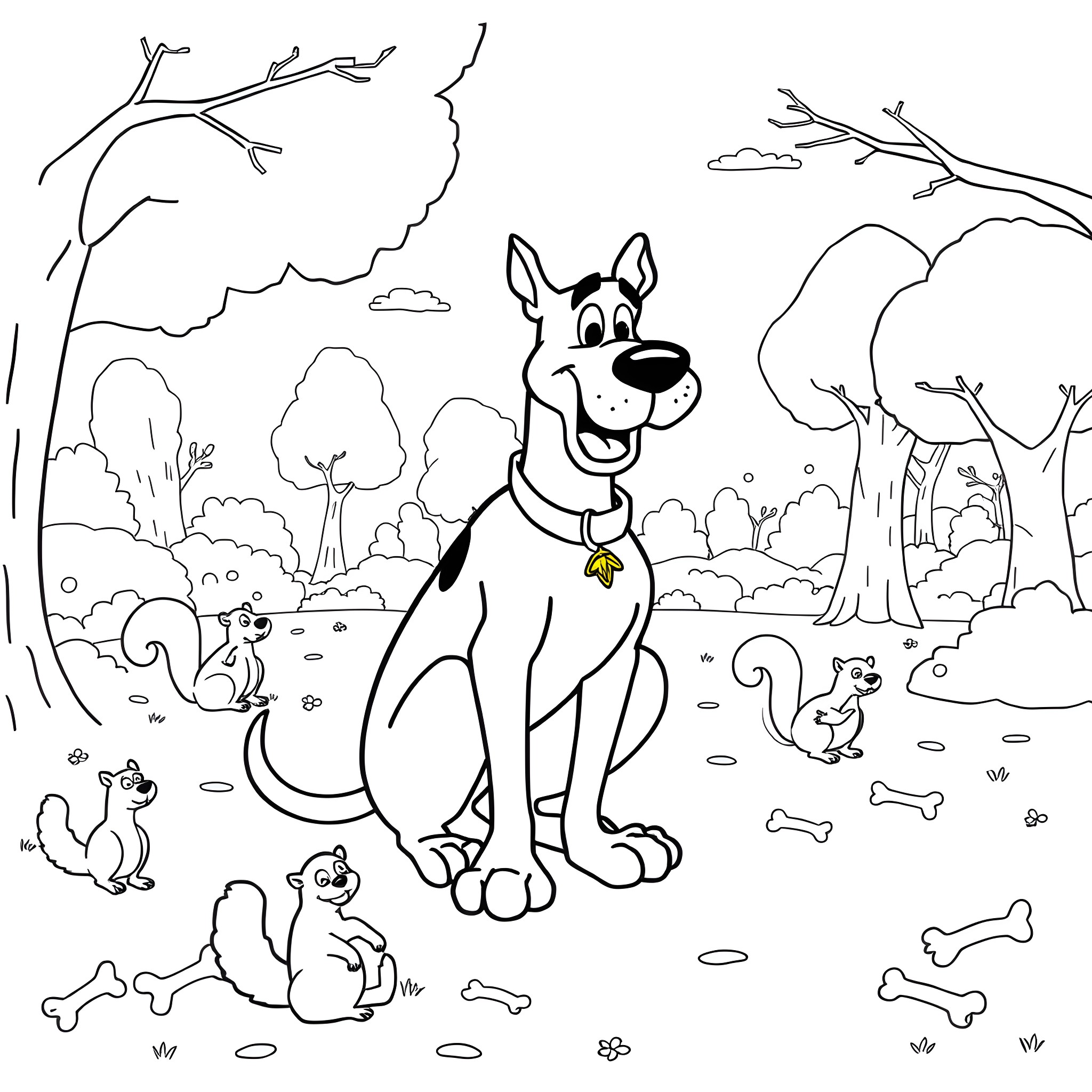 Scooby Doo exploring the whimsical forest with animal friends Coloring Page (free black-and-white line drawing printable PDF for all, from beginners to advanced learners, including children, teens, adults, and seniors)