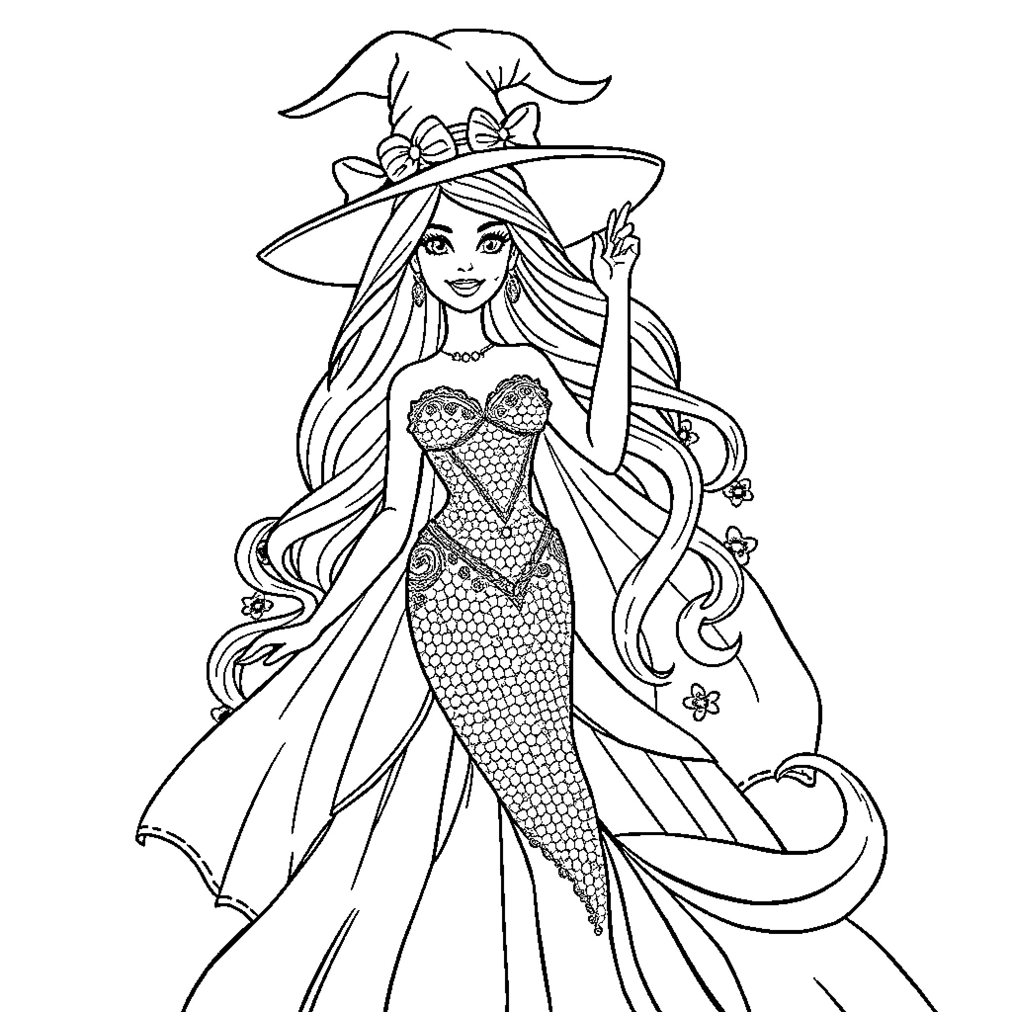Mermaid in elegant attire waving gracefully Coloring Page (free black-and-white line drawing printable PDF for all, from beginners to advanced learners, including children, teens, adults, and seniors)