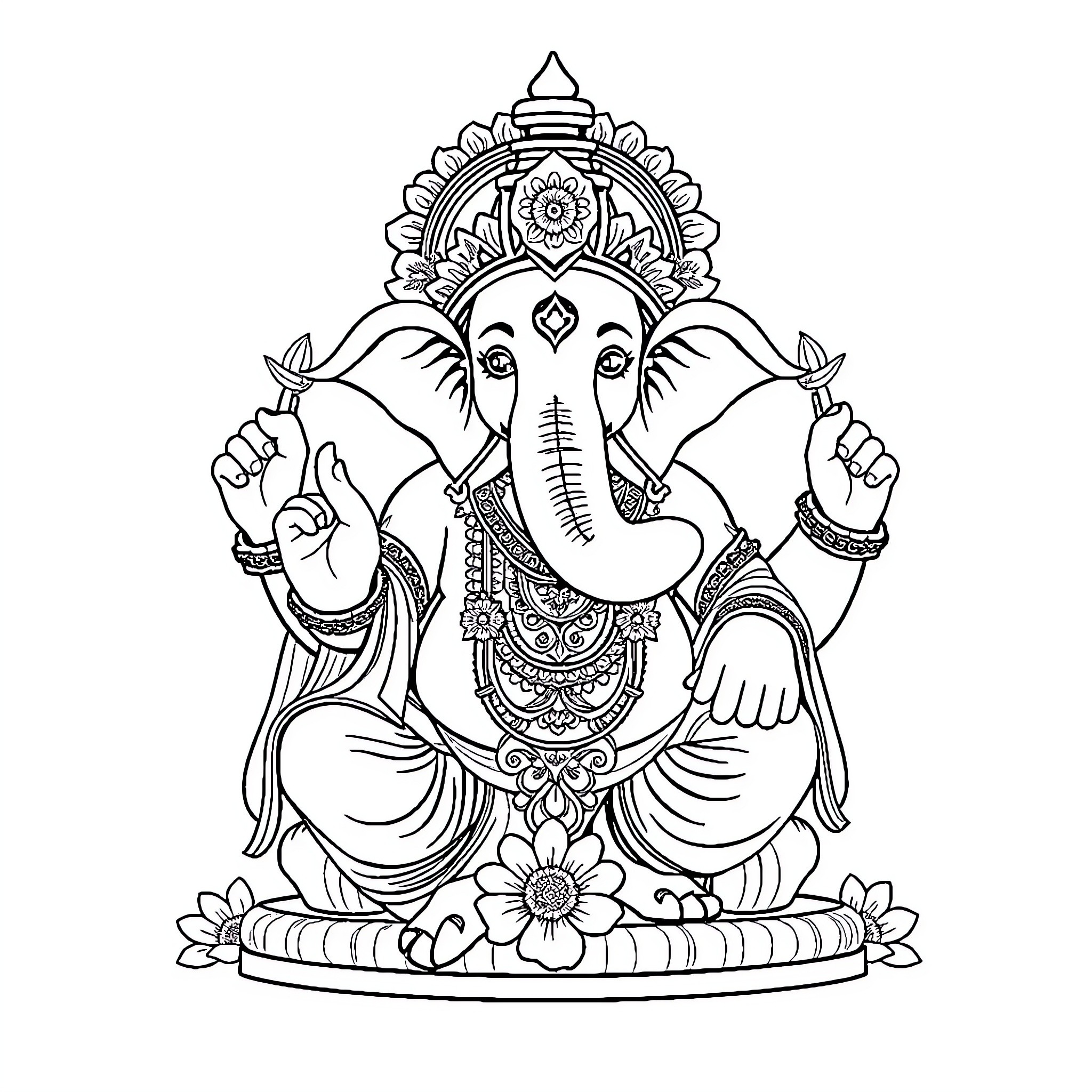 Ganesh in Contemplative Pose with Ornate Details Coloring Page (free black-and-white line drawing printable PDF for all, from beginners to advanced learners, including children, teens, adults, and seniors)