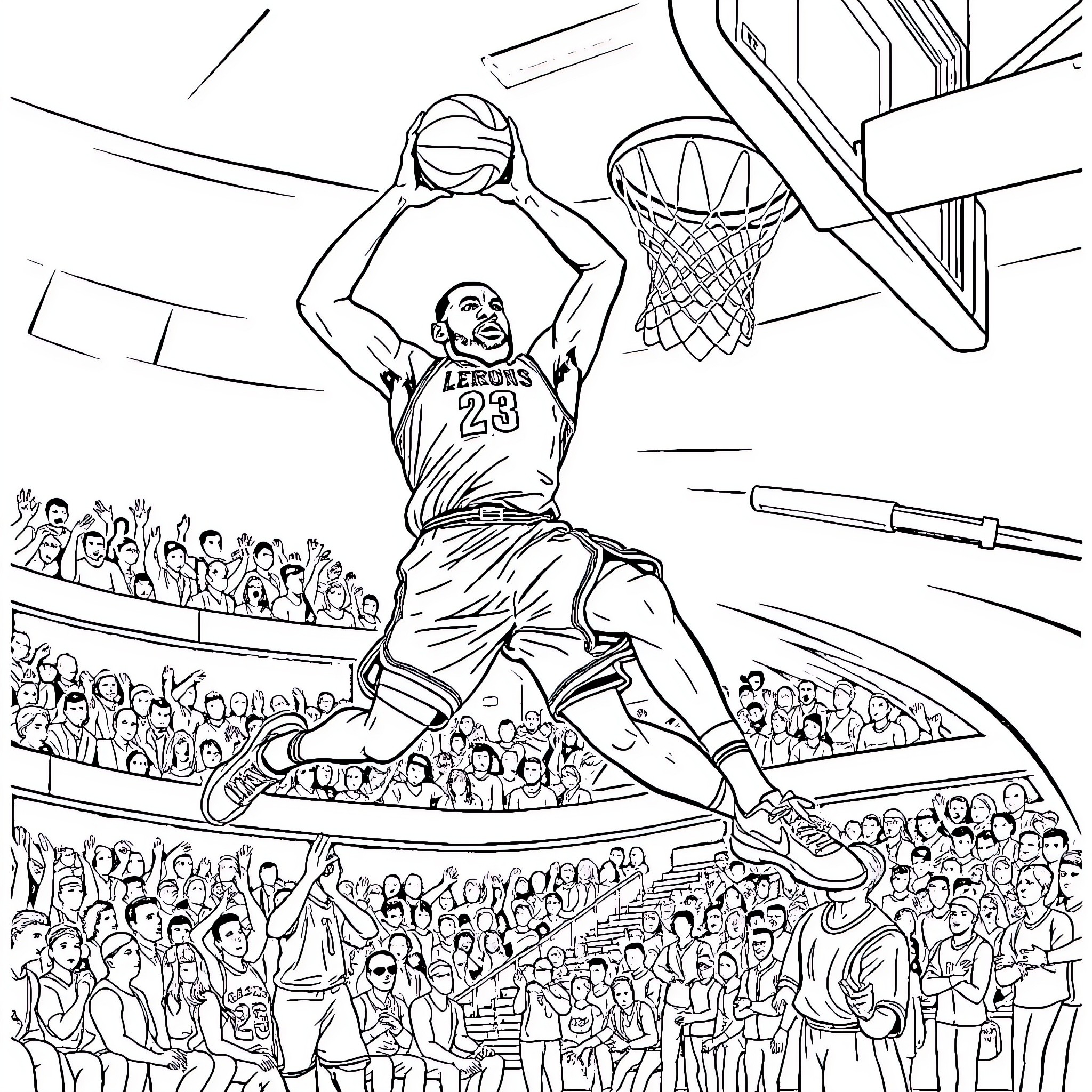 LeBron's Soaring Slam Dunk in the Stadium Coloring Page (free black-and-white line drawing printable PDF for all, from beginners to advanced learners, including children, teens, adults, and seniors)