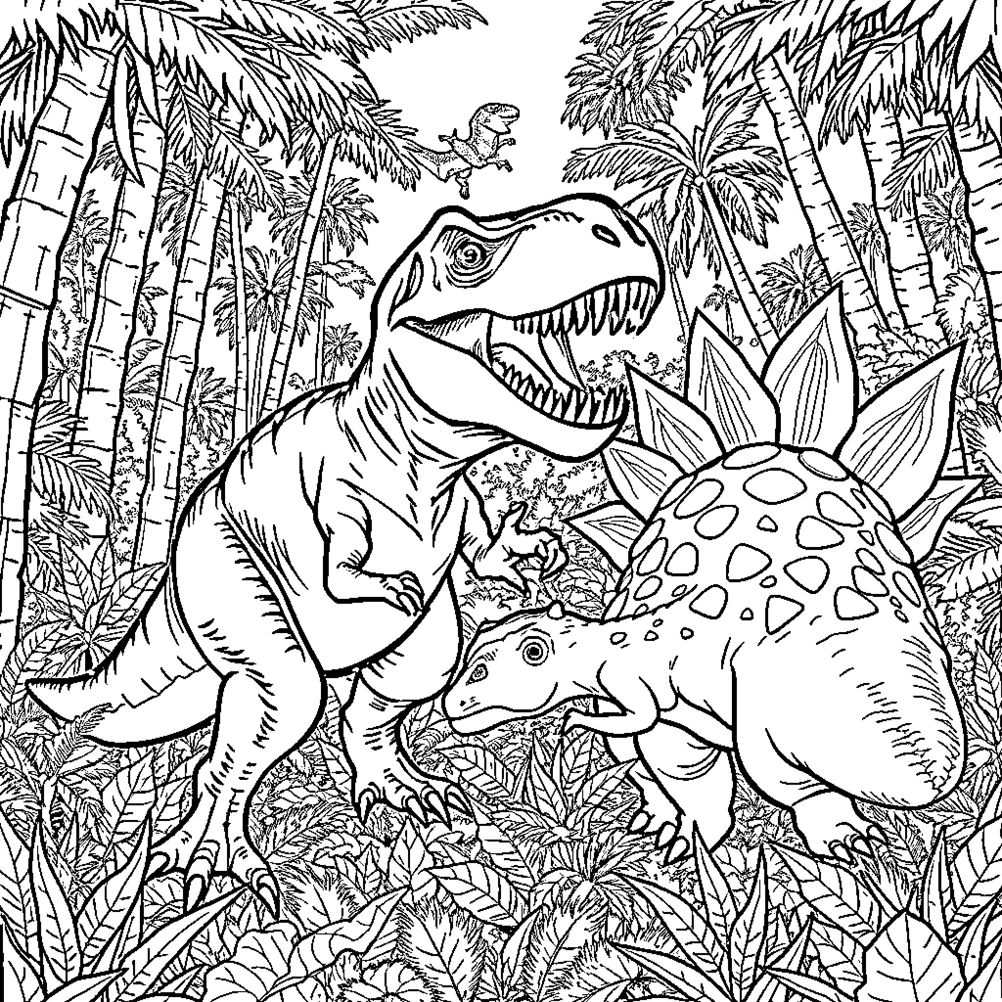 Dinosaur roaming in prehistoric jungle landscape Coloring Page (free black-and-white line drawing printable PDF for all, from beginners to advanced learners, including children, teens, adults, and seniors)