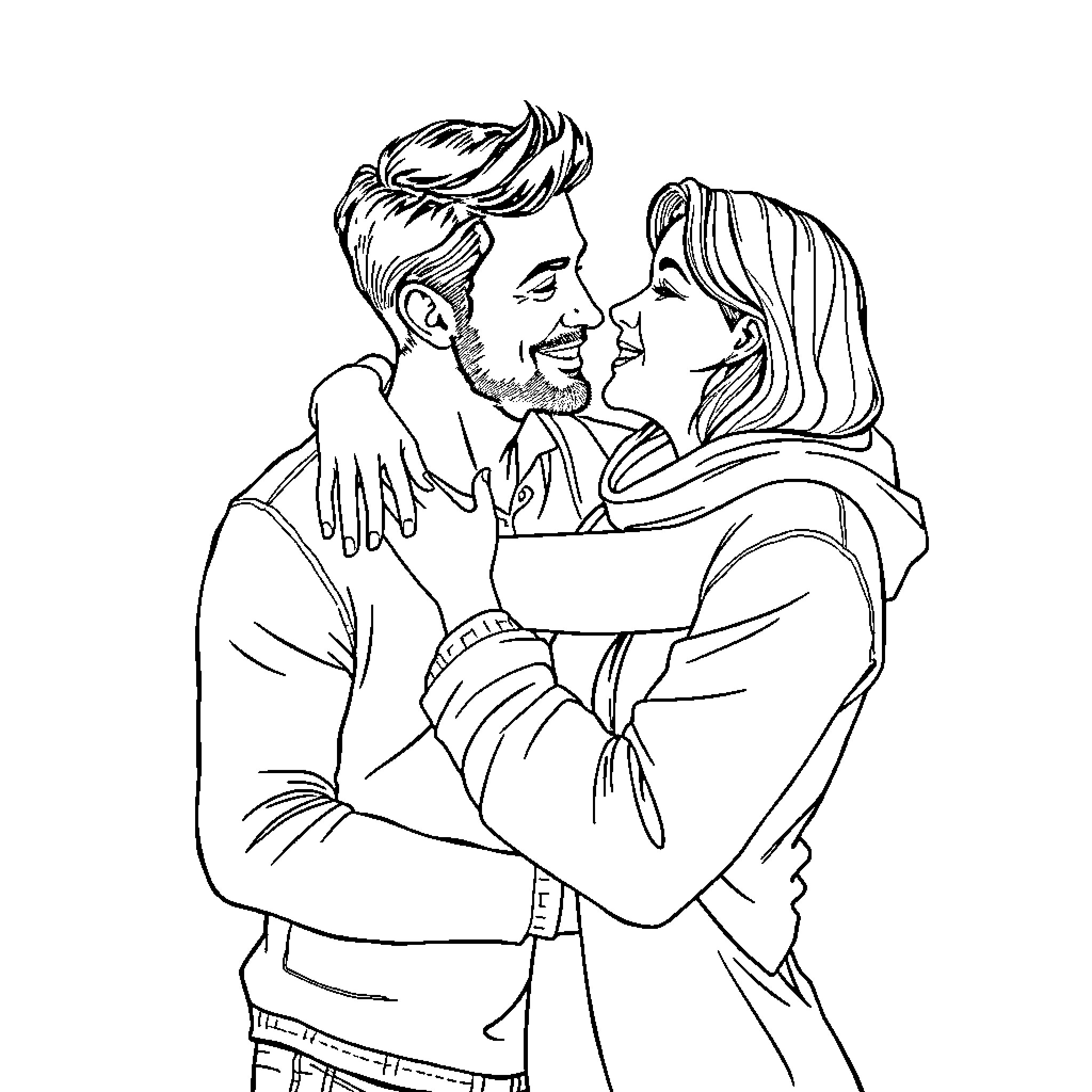 Couple embracing warmly with affection Coloring Page (free black-and-white line drawing printable PDF for all, from beginners to advanced learners, including children, teens, adults, and seniors)