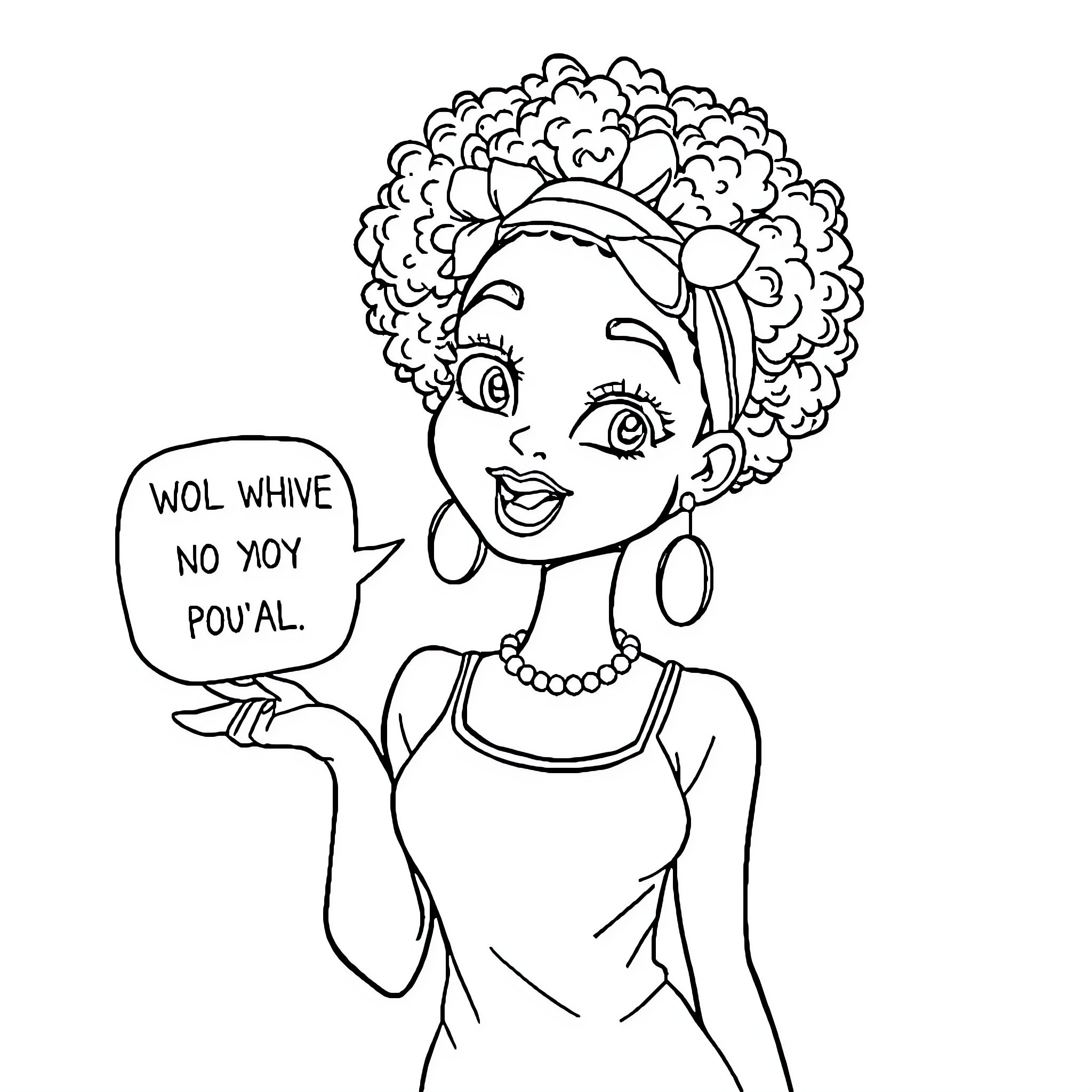 Girl expressing herself with speech bubble Coloring Page (free black-and-white line drawing printable PDF for all, from beginners to advanced learners, including children, teens, adults, and seniors)