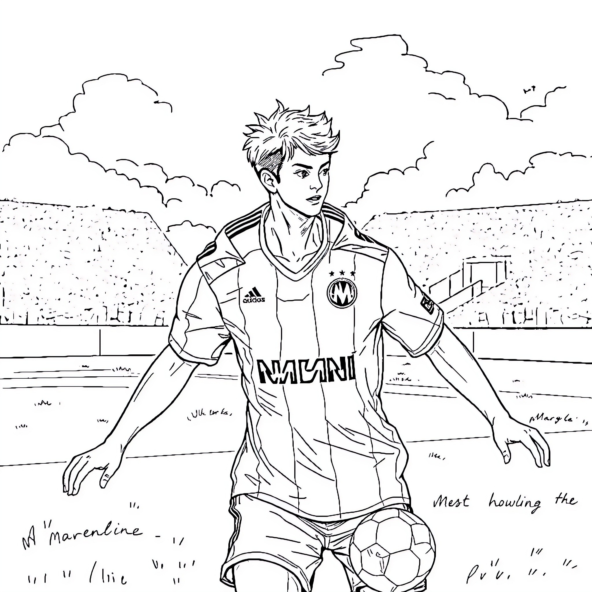 Tsubasa - Young soccer player on the field Coloring Page (free black-and-white line drawing printable PDF for all, from beginners to advanced learners, including children, teens, adults, and seniors)