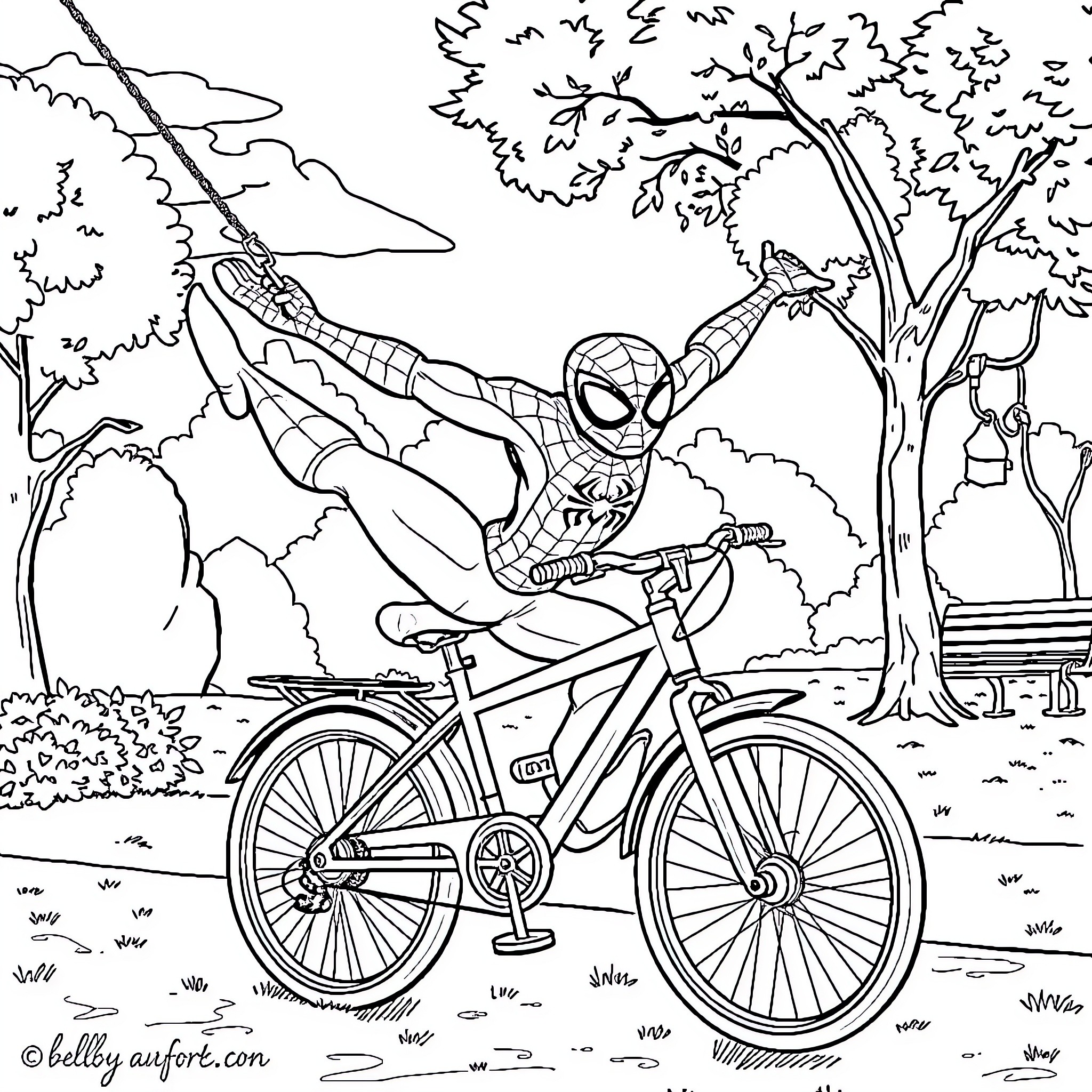 Spider-Man swinging through the park on a bicycle Coloring Page (free black-and-white line drawing printable PDF for all, from beginners to advanced learners, including children, teens, adults, and seniors)