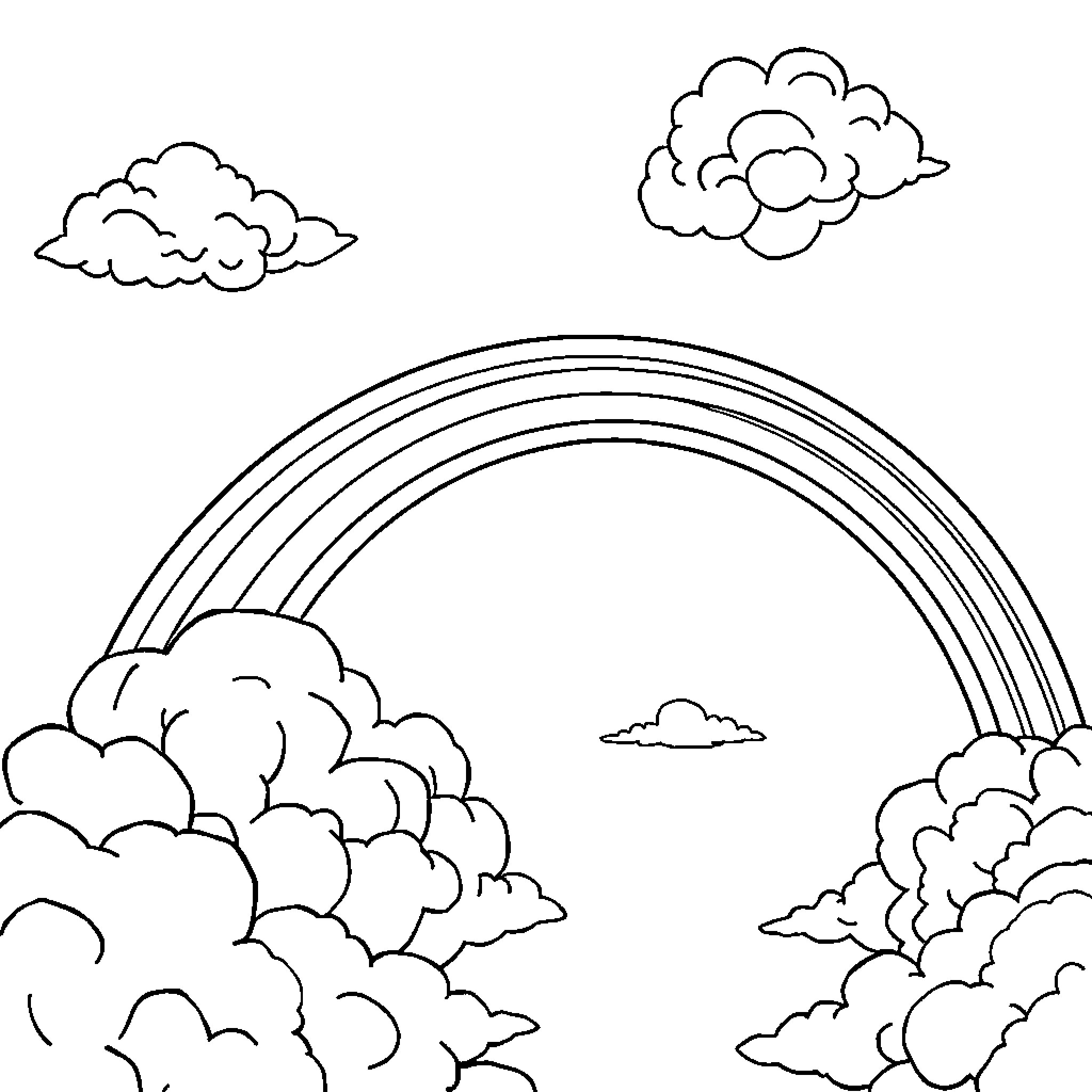 Rainbow in the Cloudy Skies Coloring Page (free black-and-white line drawing printable PDF for all, from beginners to advanced learners, including children, teens, adults, and seniors)