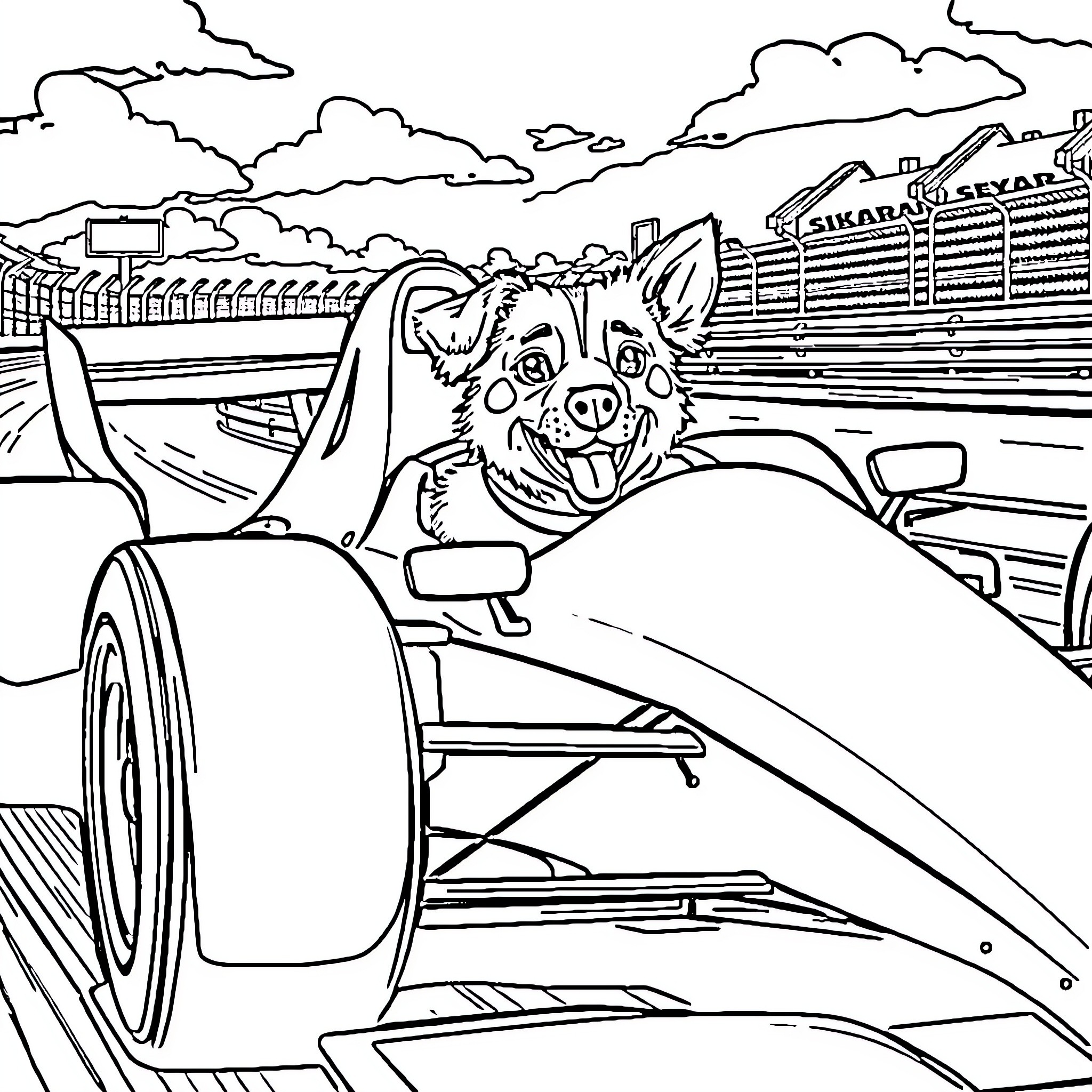 Dog driving race car in cityscape Coloring Page (free black-and-white line drawing printable PDF for all, from beginners to advanced learners, including children, teens, adults, and seniors)
