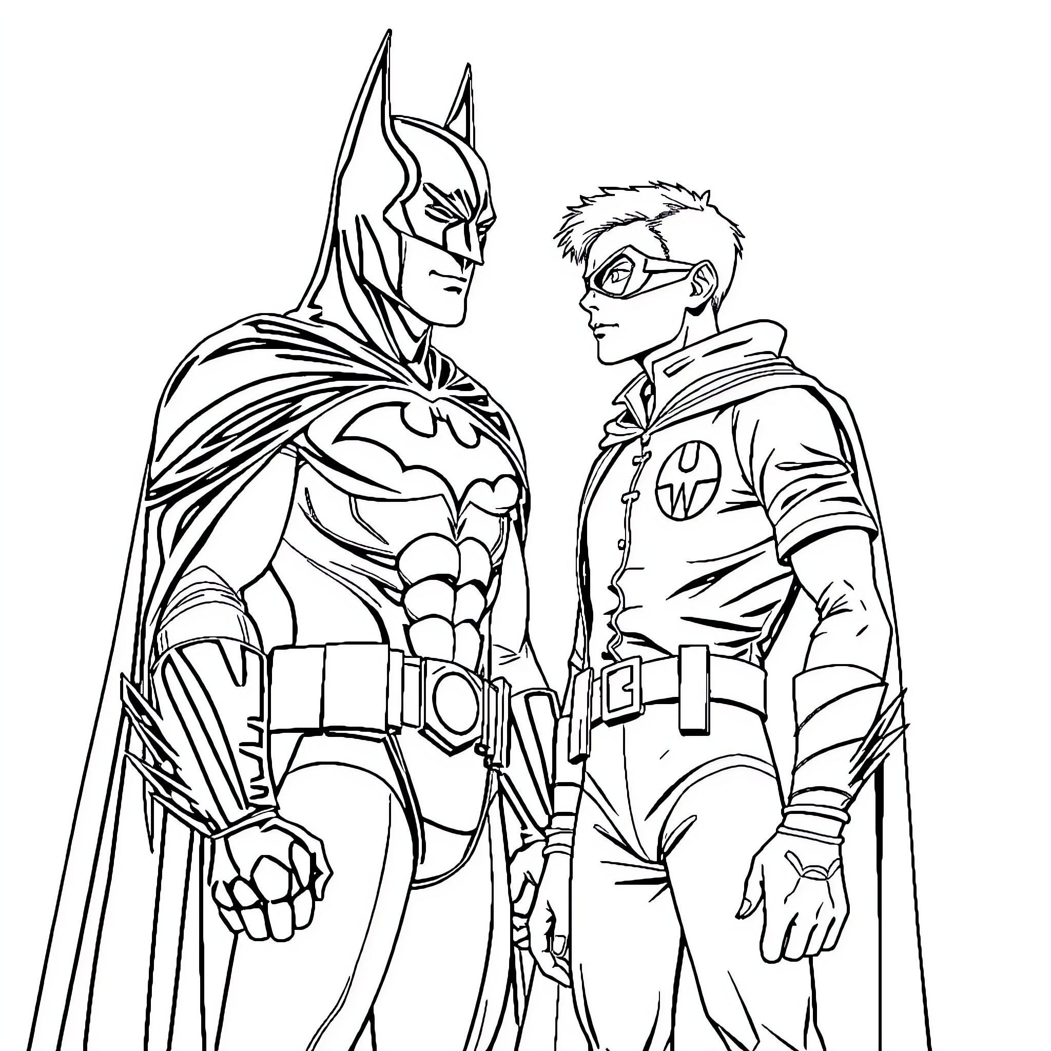 Batman and Robin in heroic poses Coloring Page (free black-and-white line drawing printable PDF for all, from beginners to advanced learners, including children, teens, adults, and seniors)