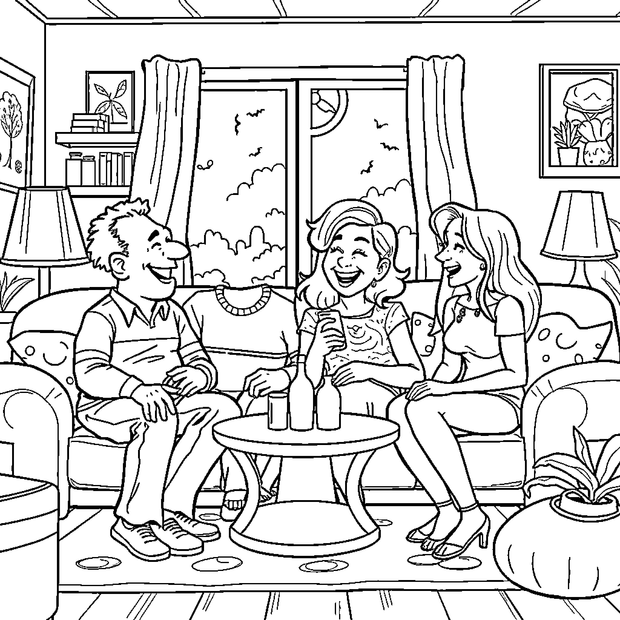 Smith Family Enjoying Quality Time Together at Home Coloring Page (free black-and-white line drawing printable PDF for all, from beginners to advanced learners, including children, teens, adults, and seniors)