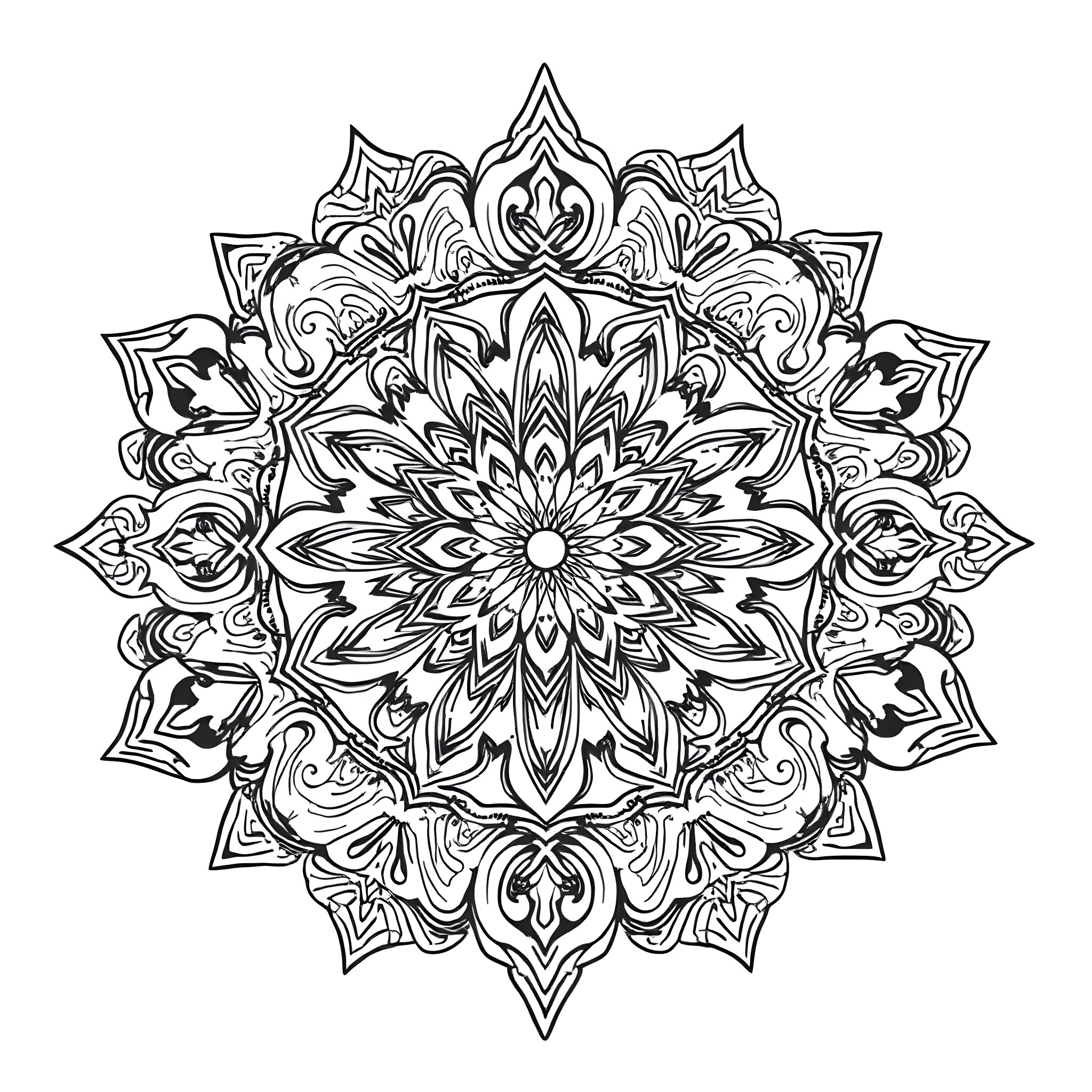 Mandala of intricate floral patterns and symmetry Coloring Page (free black-and-white line drawing printable PDF for all, from beginners to advanced learners, including children, teens, adults, and seniors)