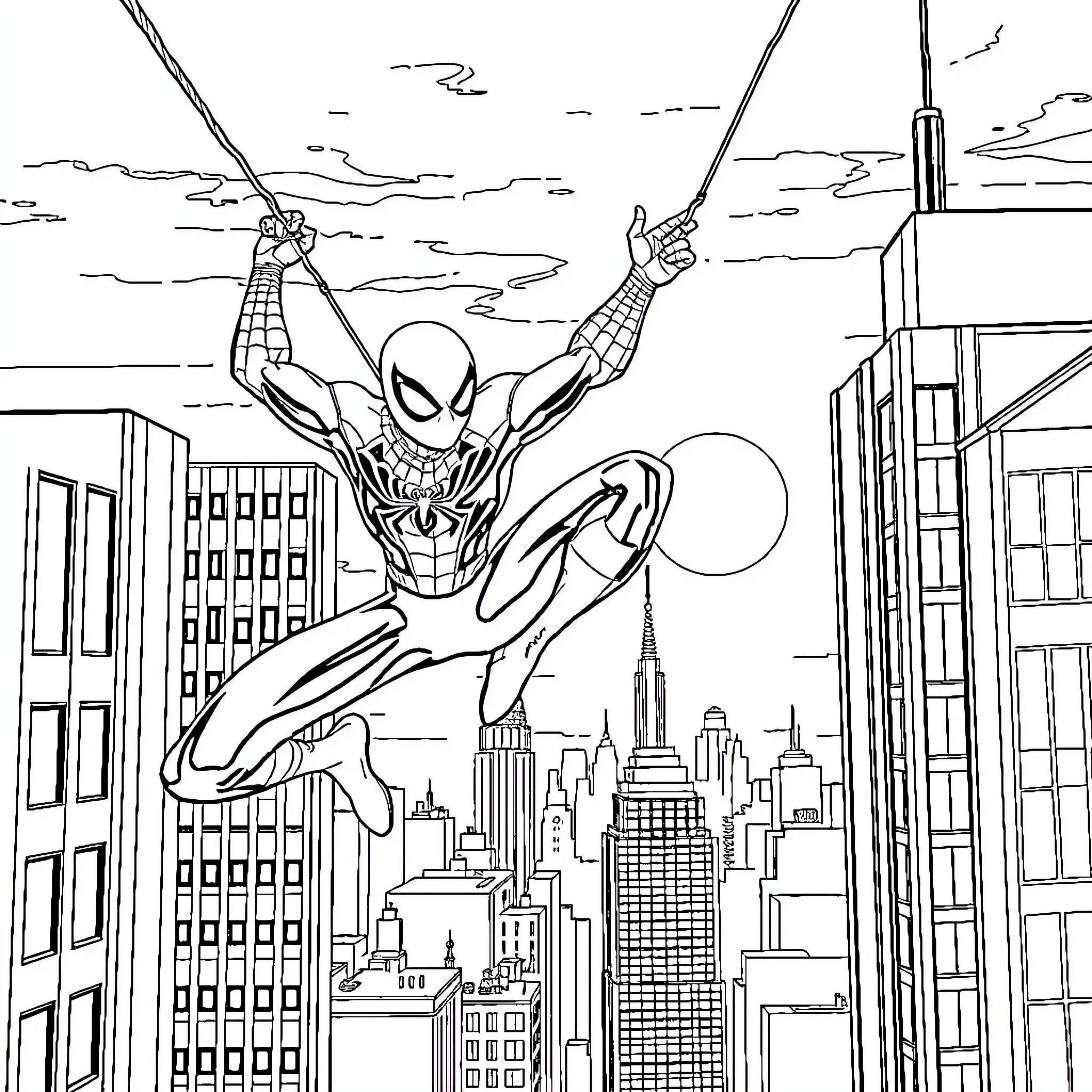 Spiderman swinging through the city skyline Coloring Page (free black-and-white line drawing printable PDF for all, from beginners to advanced learners, including children, teens, adults, and seniors)