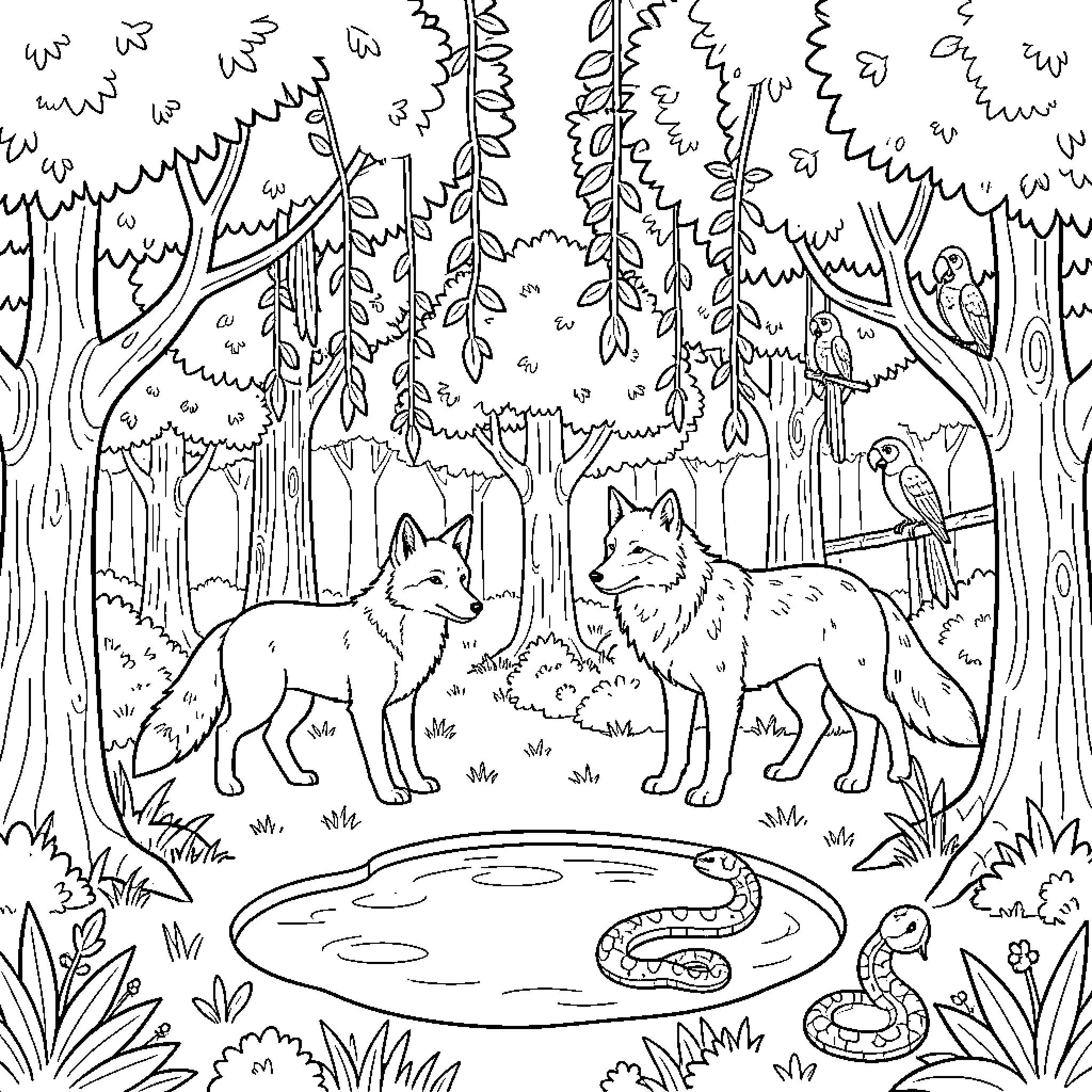 Forest animals interacting near a small pond Coloring Page (free black-and-white line drawing printable PDF for all, from beginners to advanced learners, including children, teens, adults, and seniors)