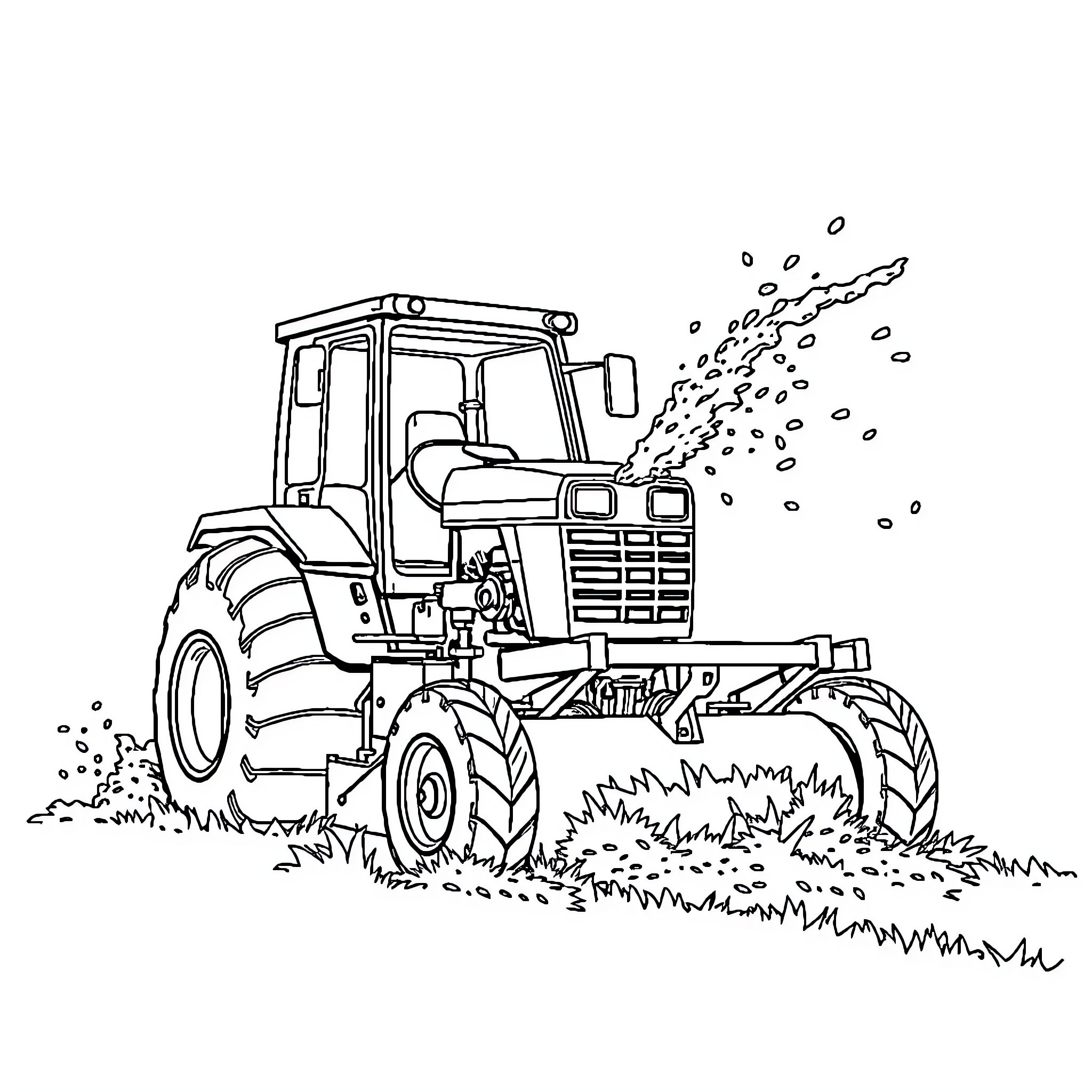 Mud Mower Tractor Tilling the Field Coloring Page (free black-and-white line drawing printable PDF for all, from beginners to advanced learners, including children, teens, adults, and seniors)