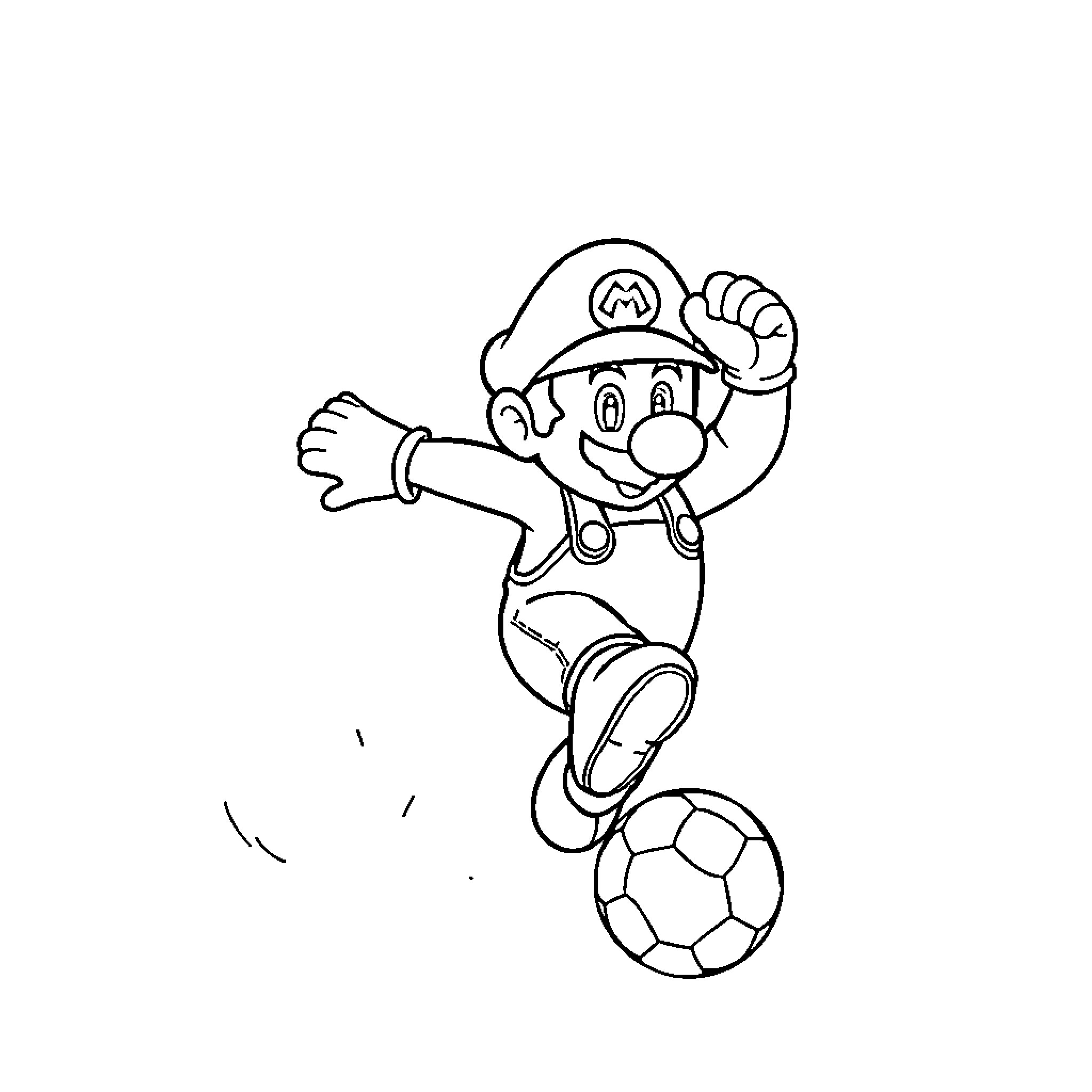 Mario playing soccer with enthusiasm Coloring Page (free black-and-white line drawing printable PDF for all, from beginners to advanced learners, including children, teens, adults, and seniors)