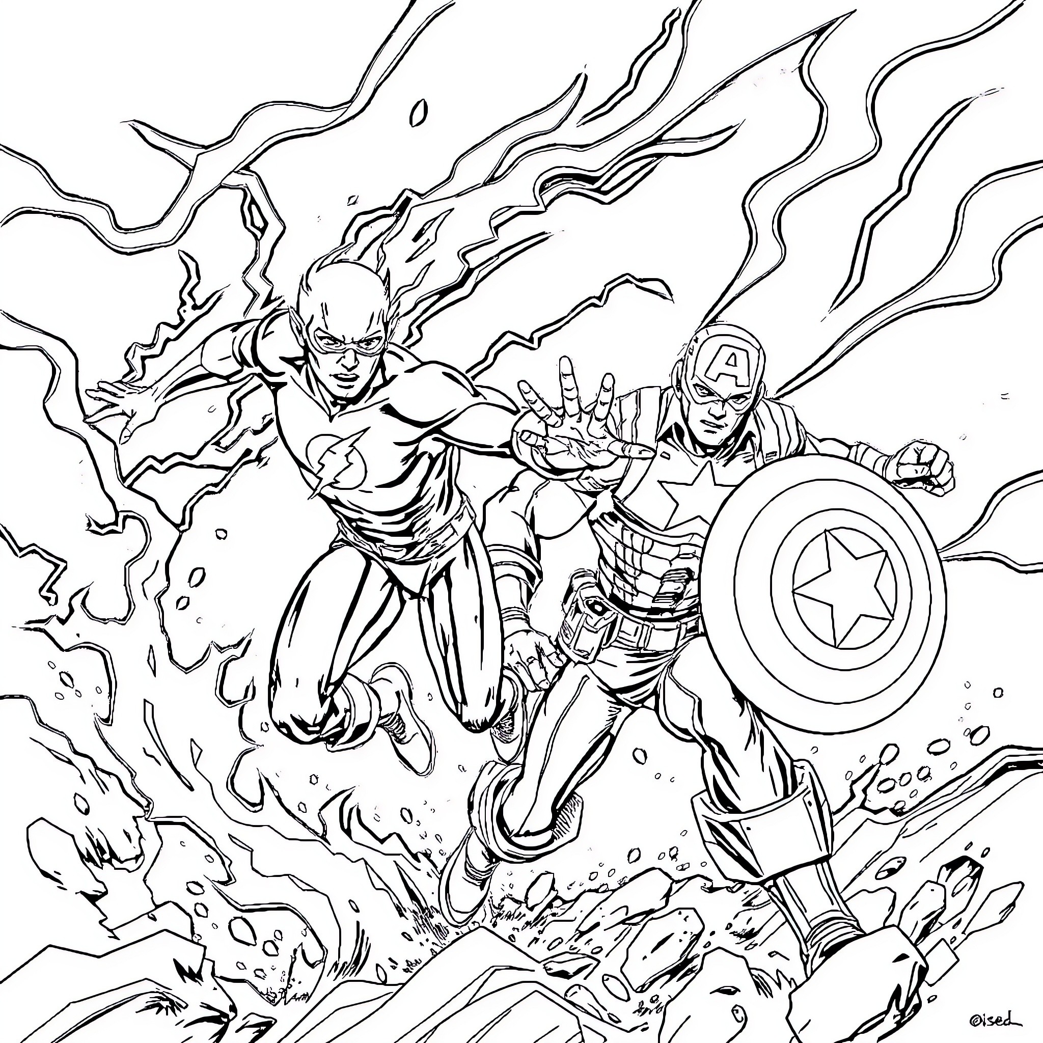 Flash of Heroes in Epic Battle Coloring Page (free black-and-white line drawing printable PDF for all, from beginners to advanced learners, including children, teens, adults, and seniors)