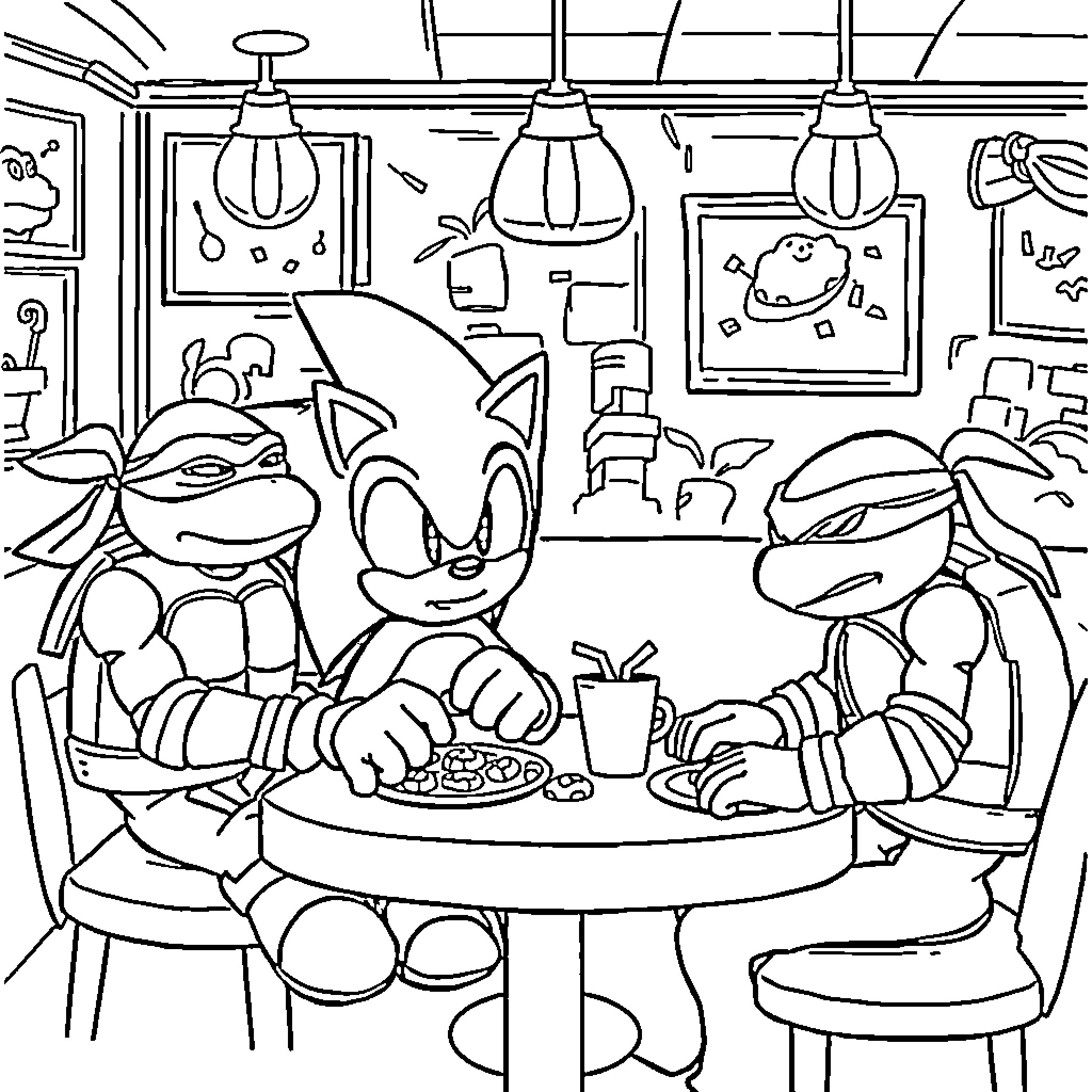 Sonic Characters Enjoying a Meal Together Coloring Page (free black-and-white line drawing printable PDF for all, from beginners to advanced learners, including children, teens, adults, and seniors)