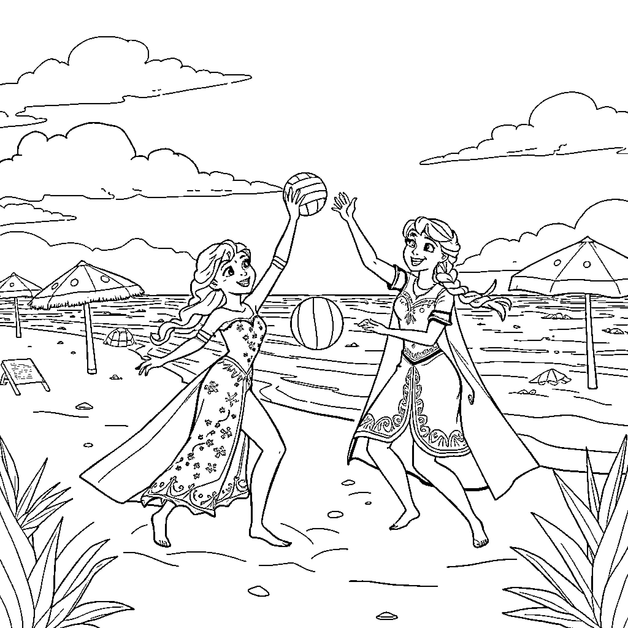 Elsa and Anna playing ball on the beach Coloring Page (free black-and-white line drawing printable PDF for all, from beginners to advanced learners, including children, teens, adults, and seniors)