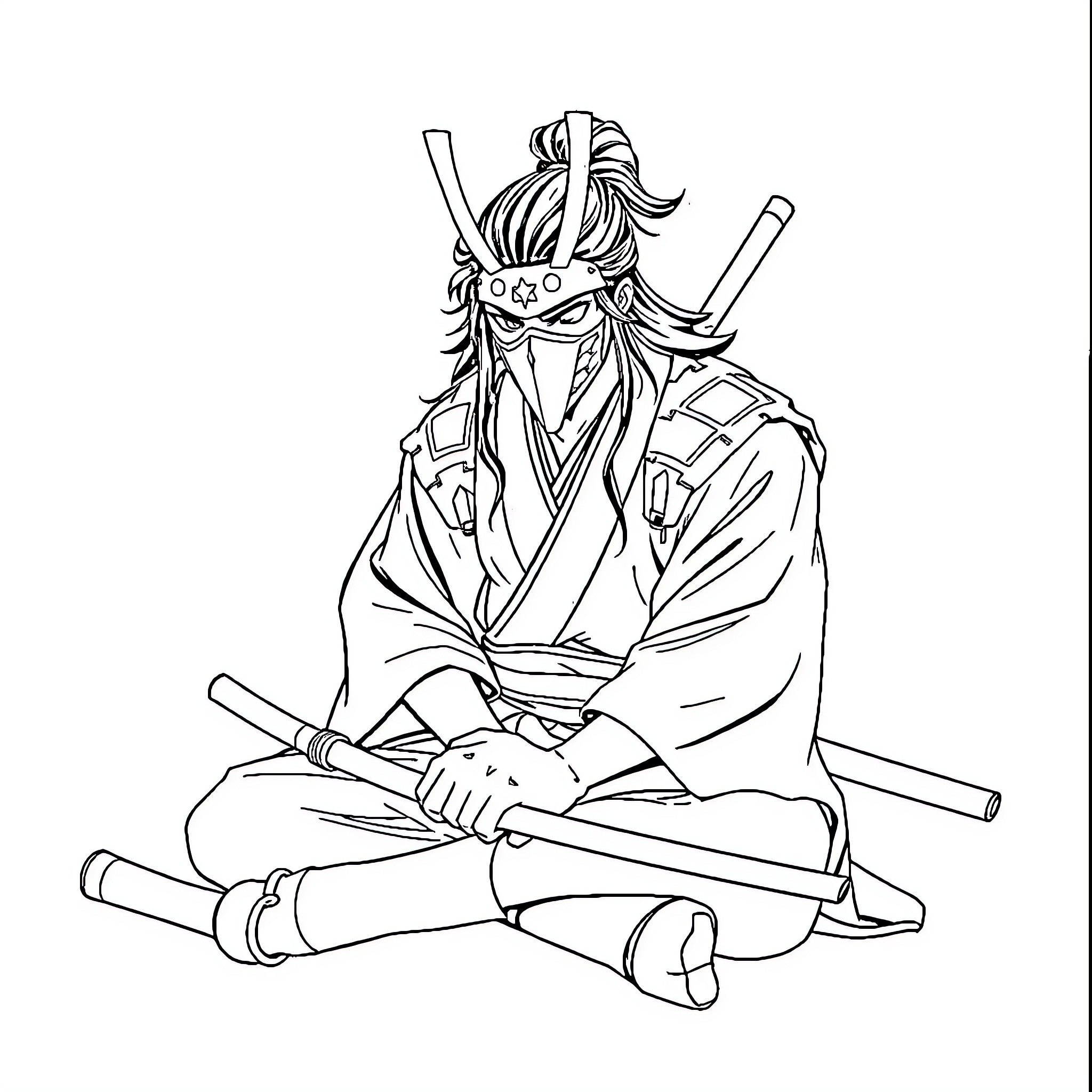 Inosuke in Meditative Warrior Pose Coloring Page (free black-and-white line drawing printable PDF for all, from beginners to advanced learners, including children, teens, adults, and seniors)