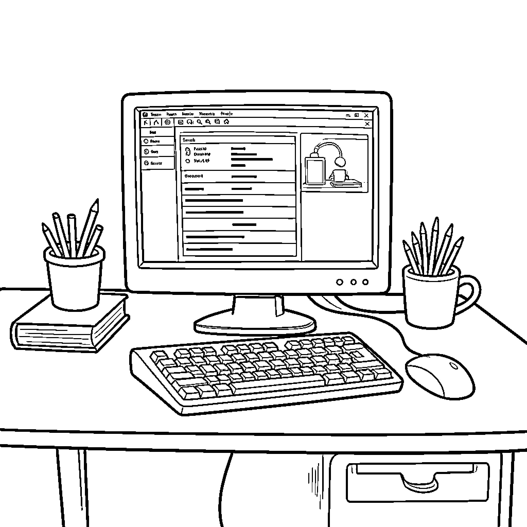 Computer displaying a document on a cluttered desk Coloring Page (free black-and-white line drawing printable PDF for all, from beginners to advanced learners, including children, teens, adults, and seniors)