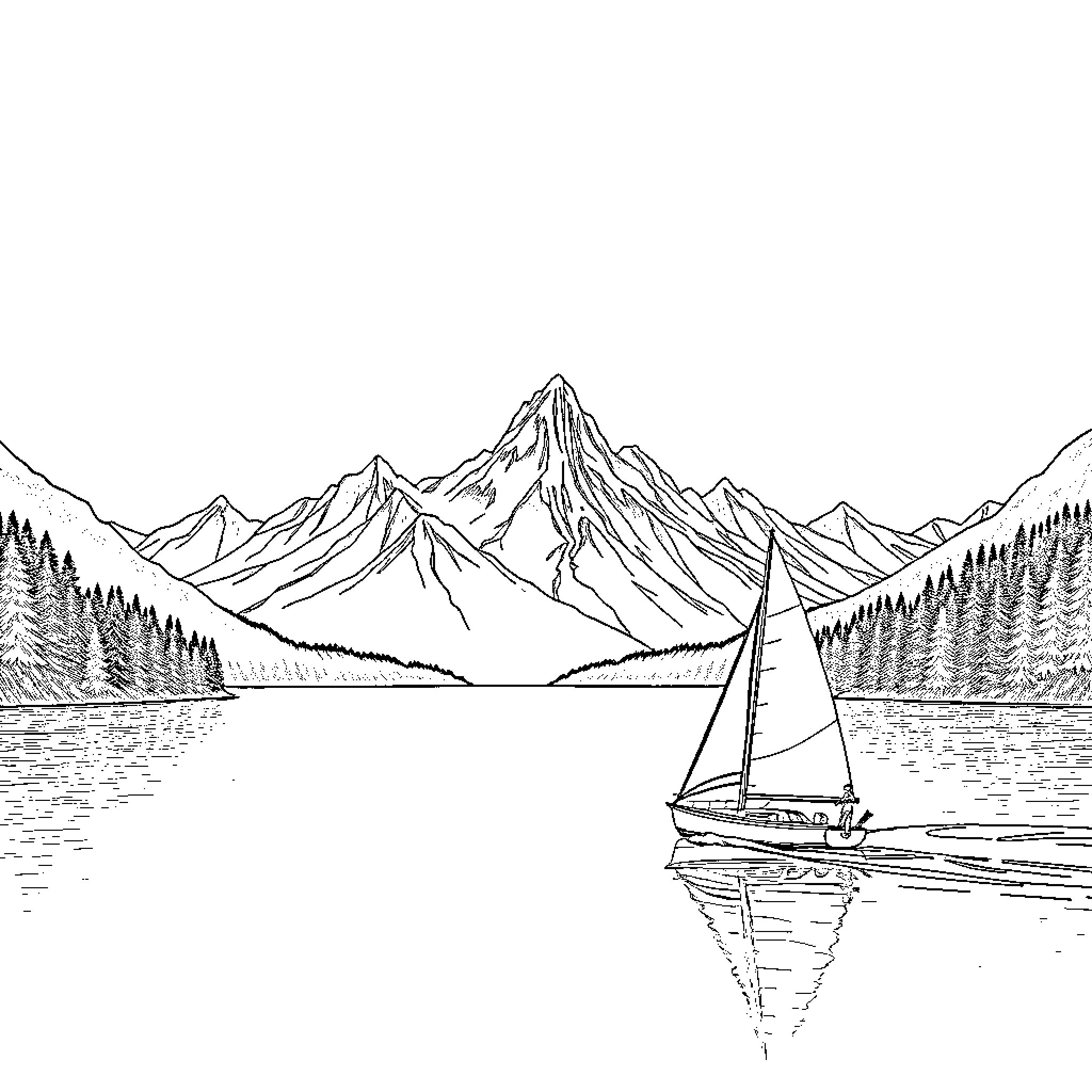 Sailboat gliding peacefully on serene mountain lake Coloring Page (free black-and-white line drawing printable PDF for all, from beginners to advanced learners, including children, teens, adults, and seniors)