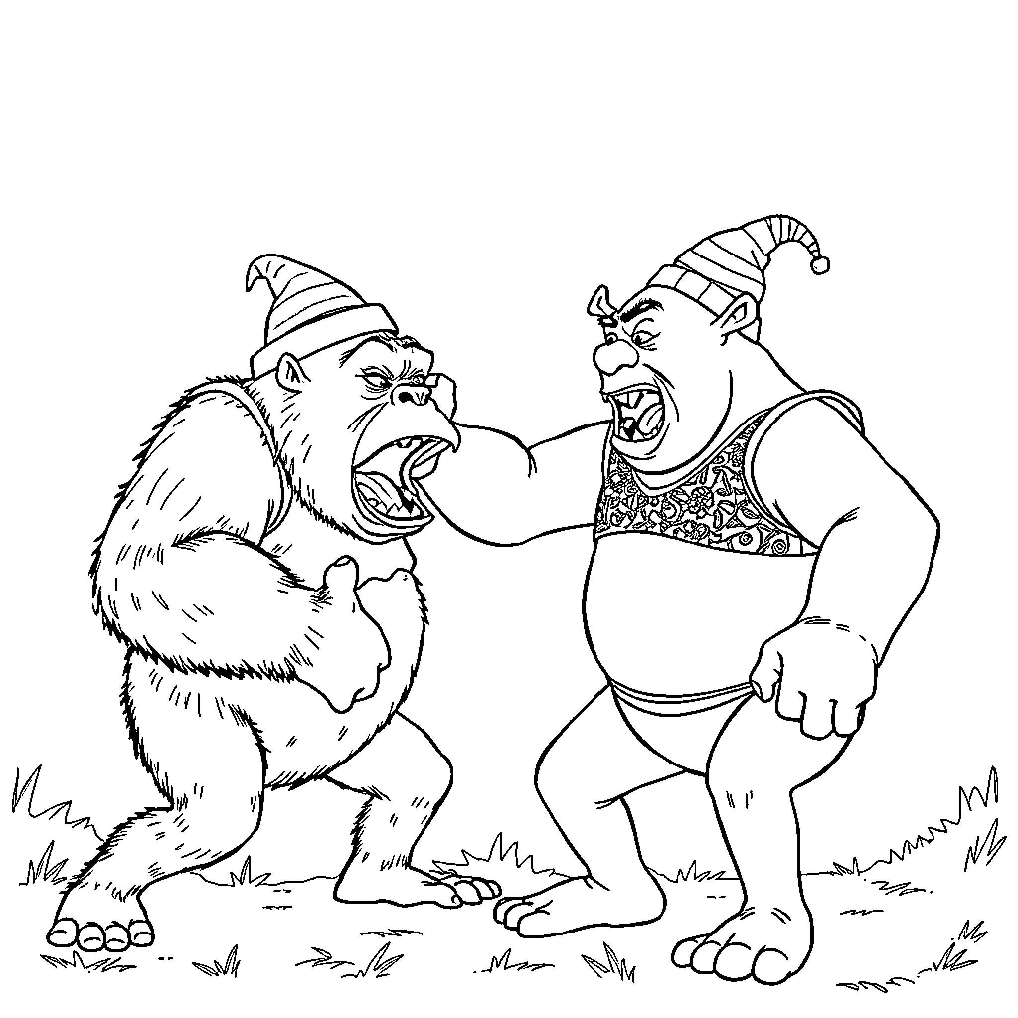 Shrek and Donkey arguing animatedly Coloring Page (free black-and-white line drawing printable PDF for all, from beginners to advanced learners, including children, teens, adults, and seniors)