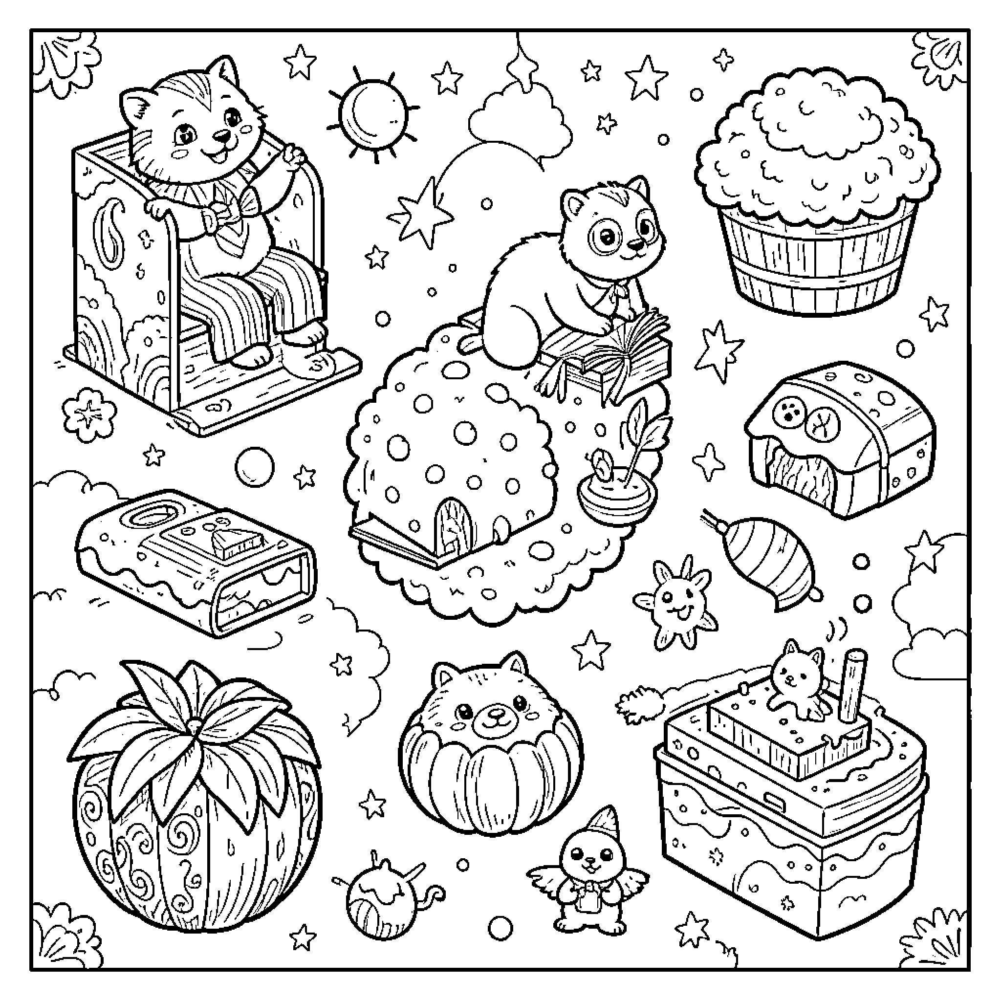 3D Image of cute animals enjoying various treats Coloring Page (free black-and-white line drawing printable PDF for all, from beginners to advanced learners, including children, teens, adults, and seniors)