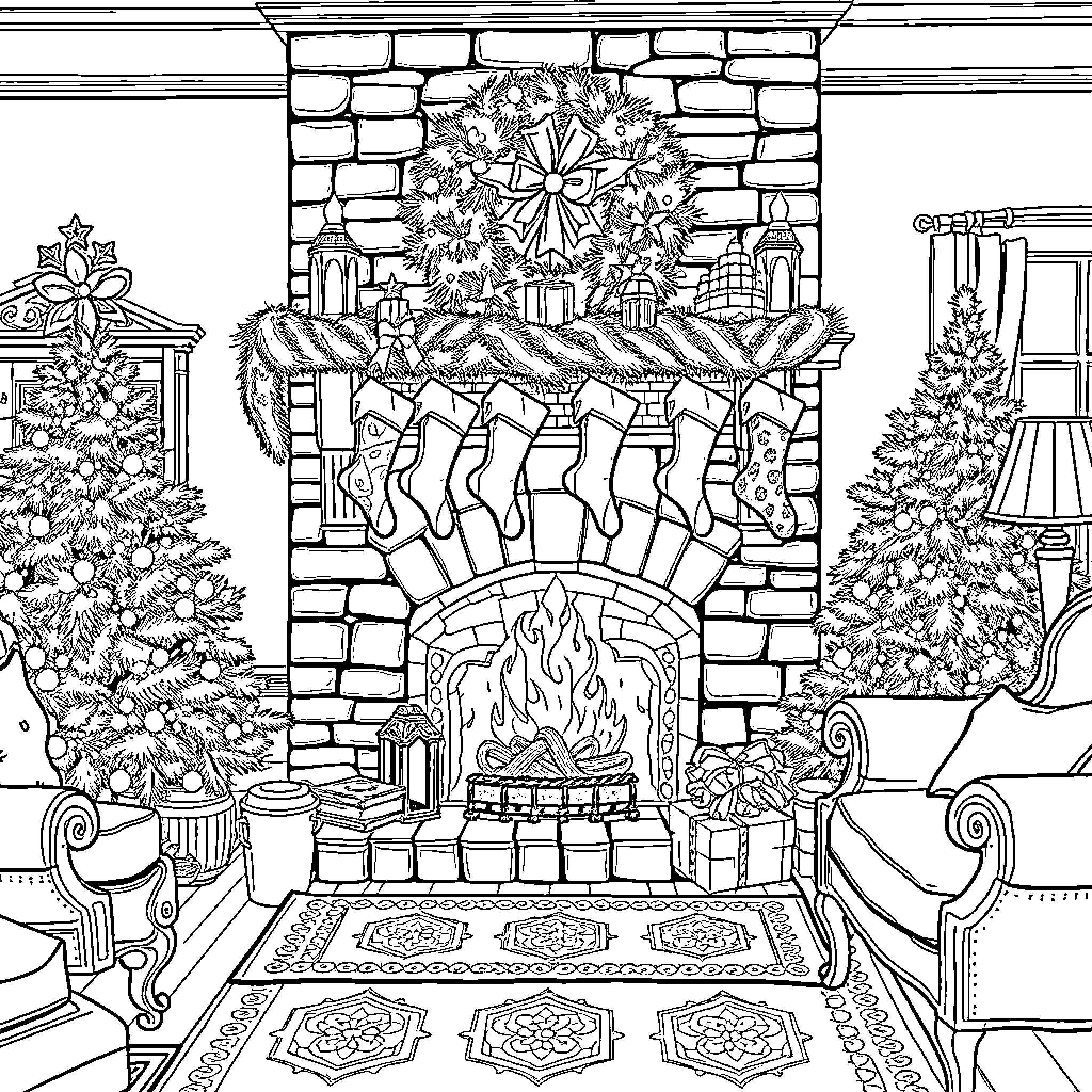 Living Room with Festive Fireplace Decorations Coloring Page (free black-and-white line drawing printable PDF for all, from beginners to advanced learners, including children, teens, adults, and seniors)