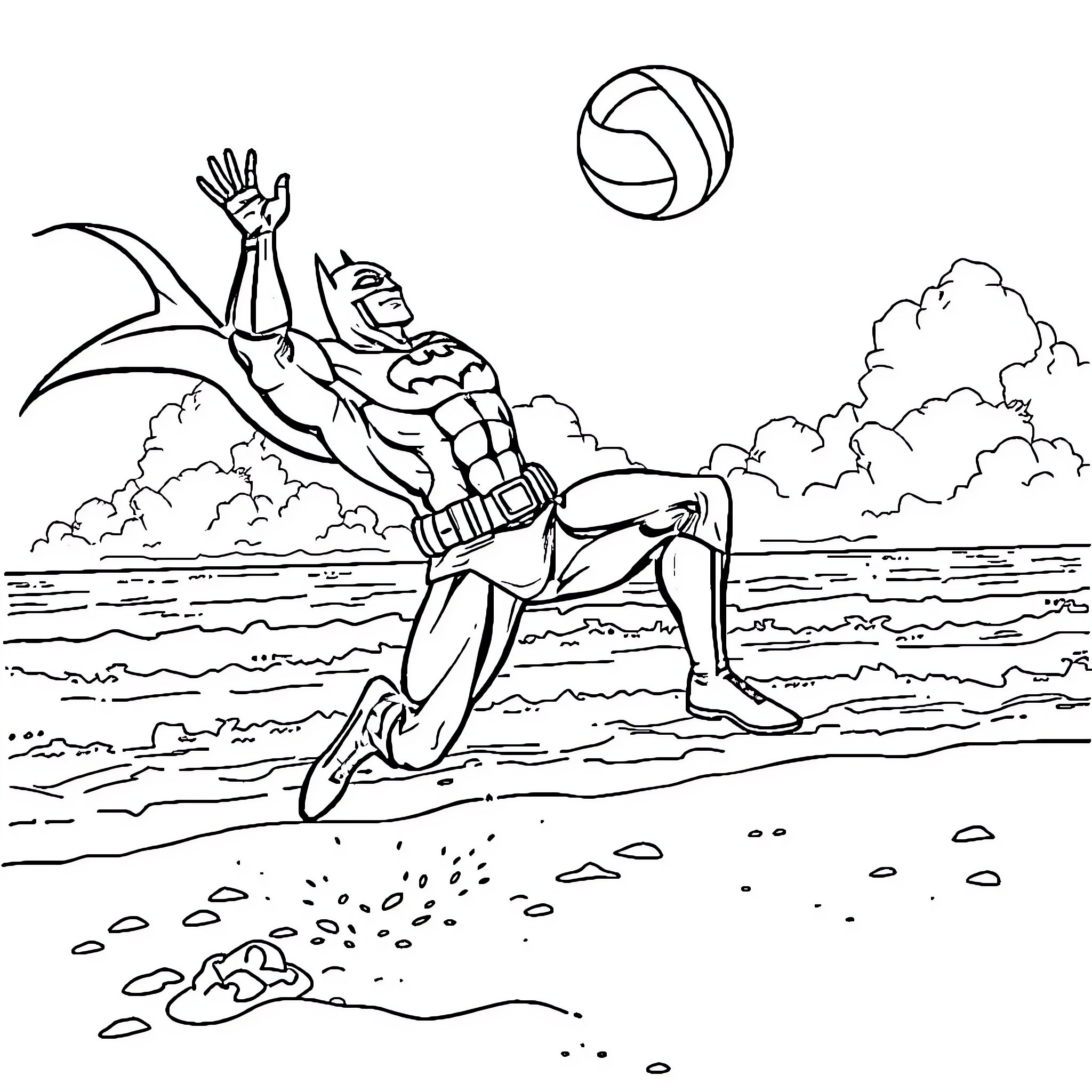 Batman heroically leaps over the waves Coloring Page (free black-and-white line drawing printable PDF for all, from beginners to advanced learners, including children, teens, adults, and seniors)