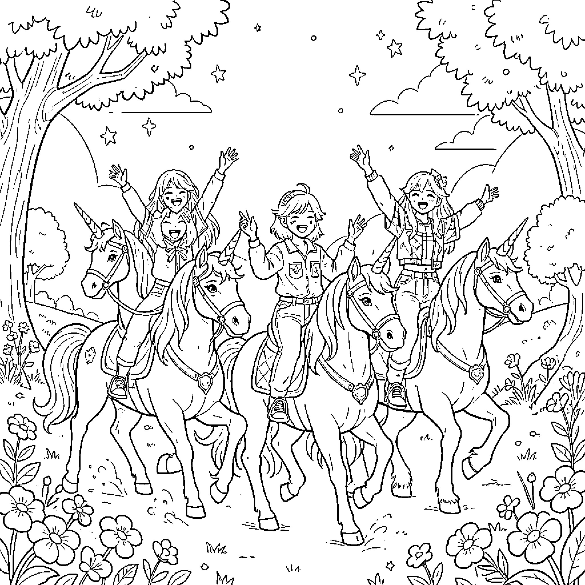 Kpop girls enjoying a ride on unicorns in the forest Coloring Page (free black-and-white line drawing printable PDF for all, from beginners to advanced learners, including children, teens, adults, and seniors)
