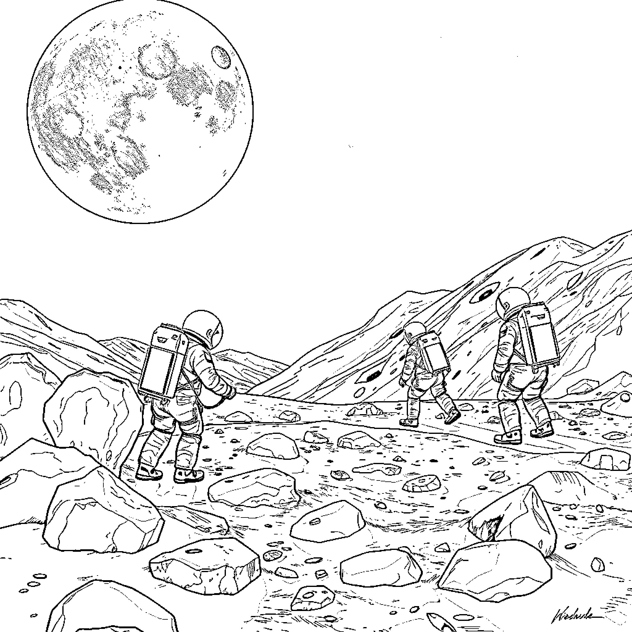 Moon explorers trekking across lunar landscape Coloring Page (free black-and-white line drawing printable PDF for all, from beginners to advanced learners, including children, teens, adults, and seniors)