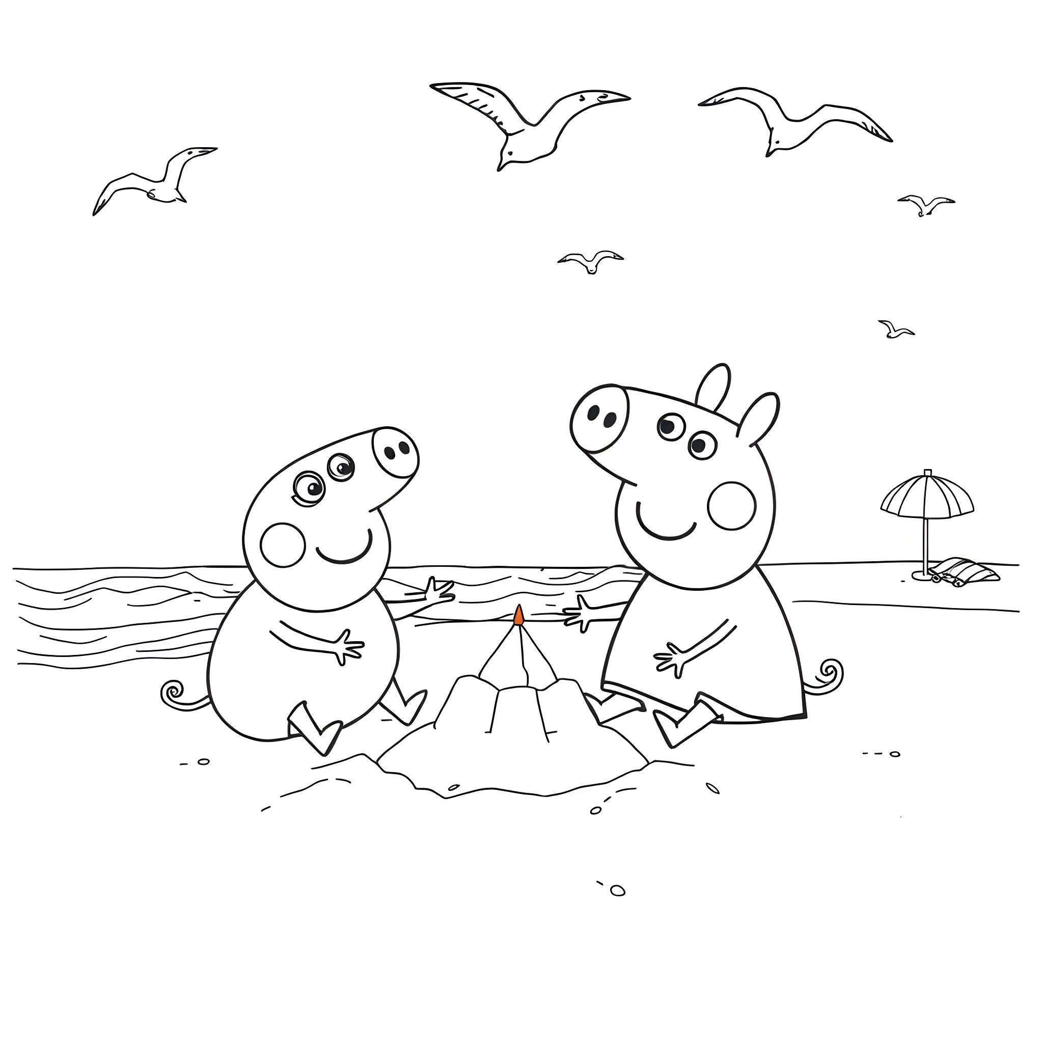 Peppa Pig and friends enjoying a day at the beach Coloring Page (free black-and-white line drawing printable PDF for all, from beginners to advanced learners, including children, teens, adults, and seniors)
