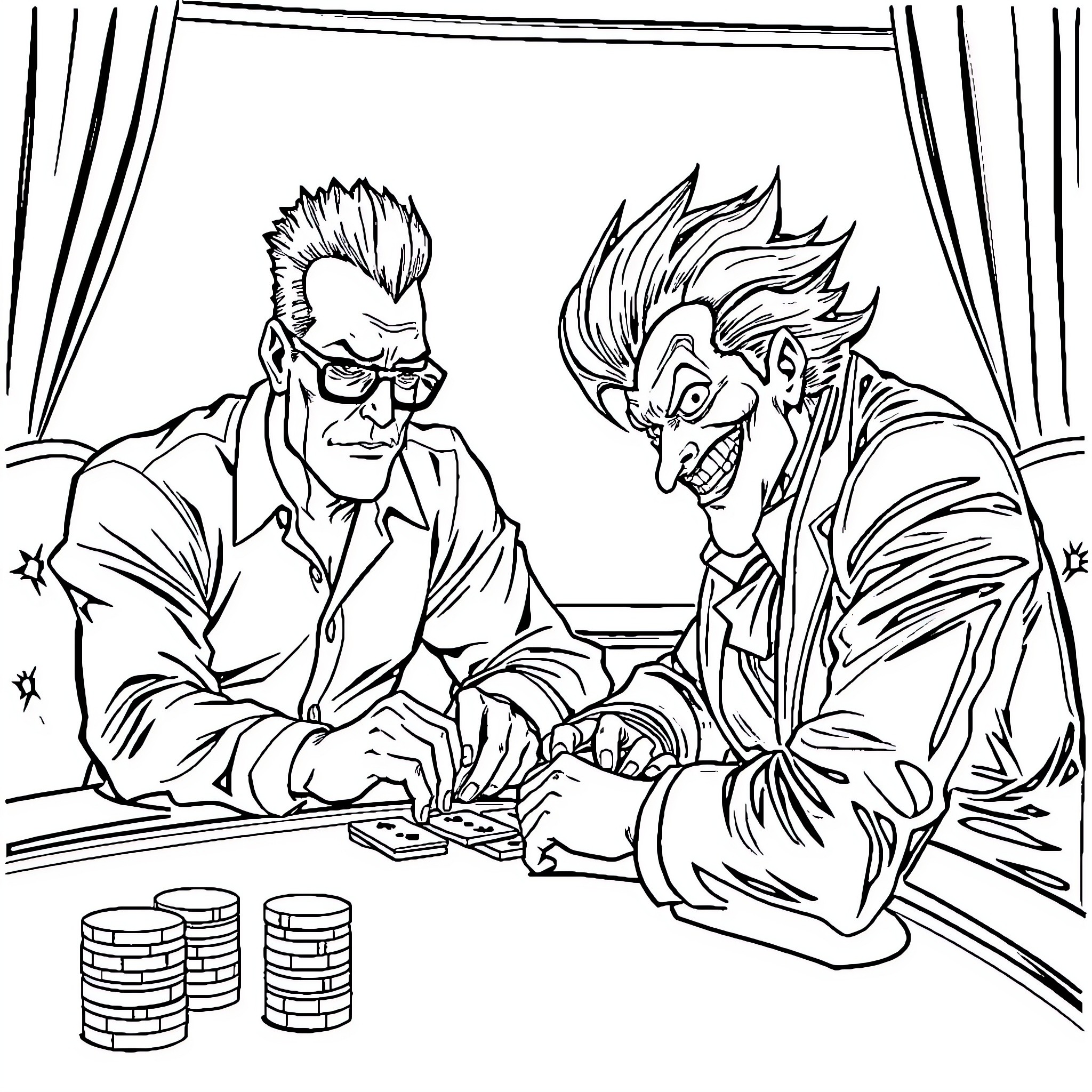 Hank Hill and the Joker playing poker with intensity Coloring Page (free black-and-white line drawing printable PDF for all, from beginners to advanced learners, including children, teens, adults, and seniors)