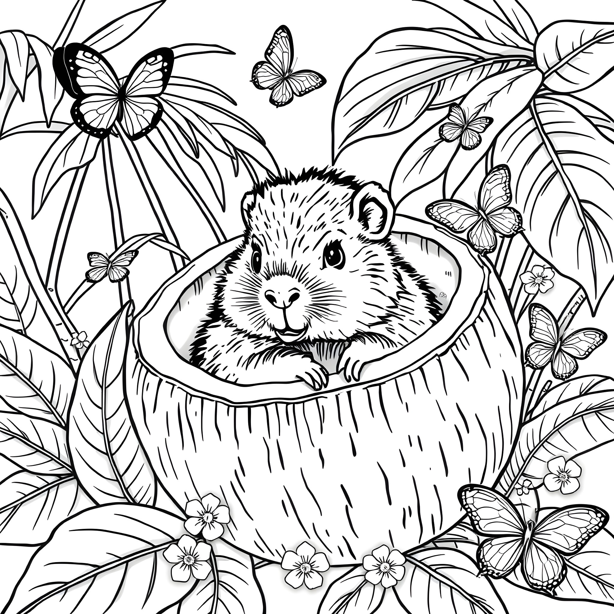 Capybara in a tropical paradise with butterflies Coloring Page (free black-and-white line drawing printable PDF for all, from beginners to advanced learners, including children, teens, adults, and seniors)