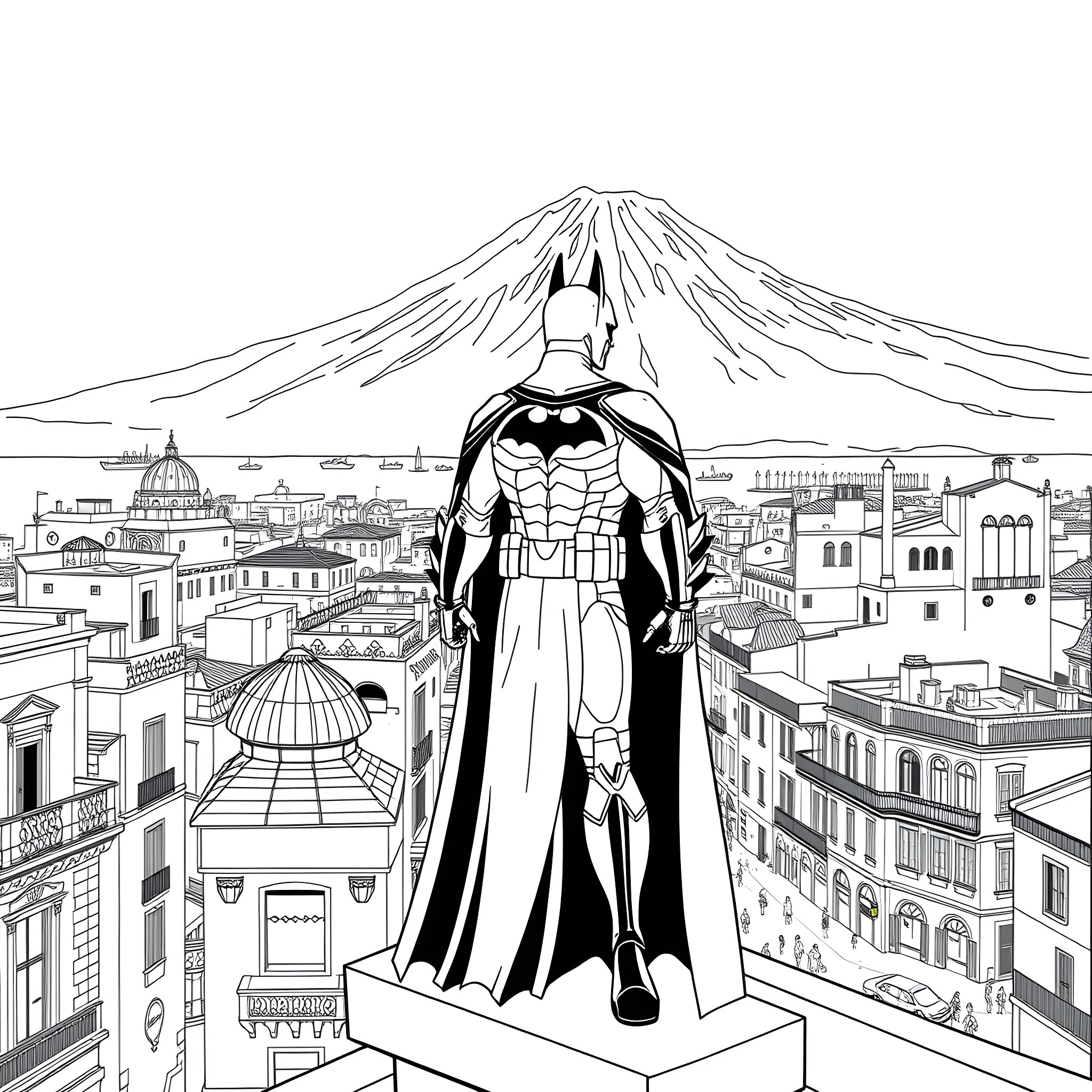 Batman overlooking a vibrant city skyline Coloring Page (free black-and-white line drawing printable PDF for all, from beginners to advanced learners, including children, teens, adults, and seniors)