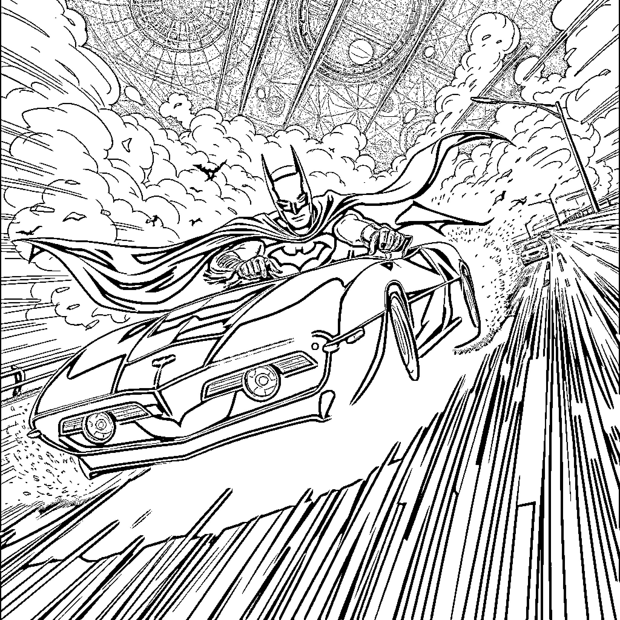 Batman in dynamic action with Batmobile Coloring Page (free black-and-white line drawing printable PDF for all, from beginners to advanced learners, including children, teens, adults, and seniors)