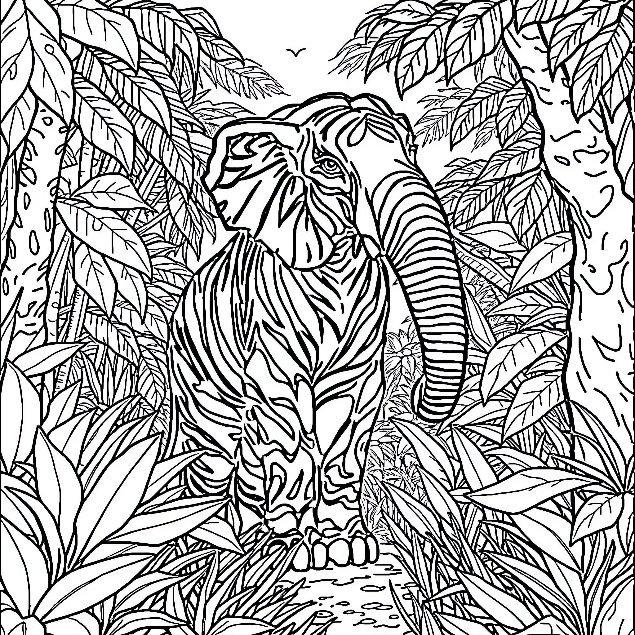 Elephant in lush jungle landscape Coloring Page (free black-and-white line drawing printable PDF for all, from beginners to advanced learners, including children, teens, adults, and seniors)