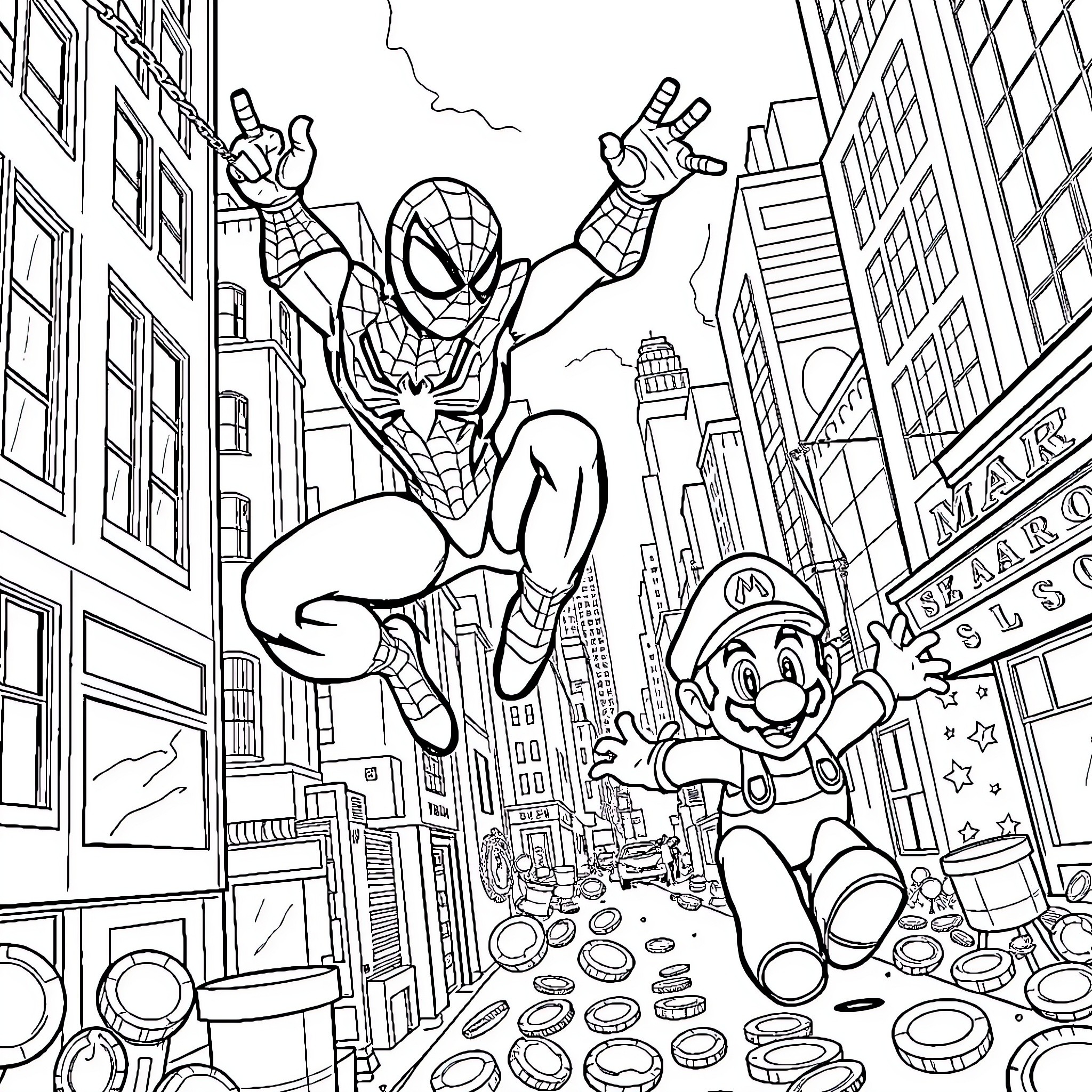 Spiderman swinging through a vibrant city with Super Mario Coloring Page (free black-and-white line drawing printable PDF for all, from beginners to advanced learners, including children, teens, adults, and seniors)