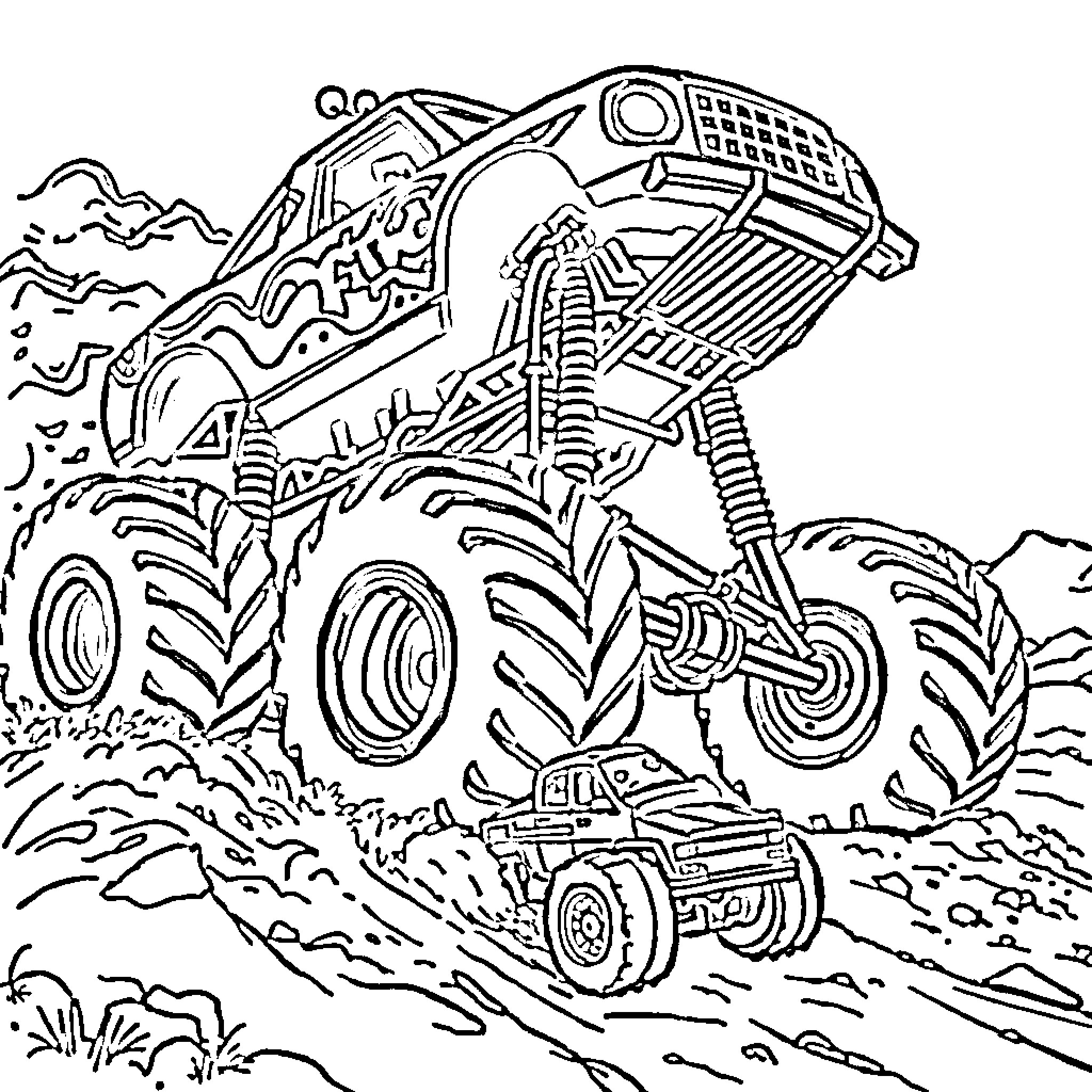 Monster Truck Jumping Over Obstacles on Rugged Terrain Coloring Page (free black-and-white line drawing printable PDF for all, from beginners to advanced learners, including children, teens, adults, and seniors)