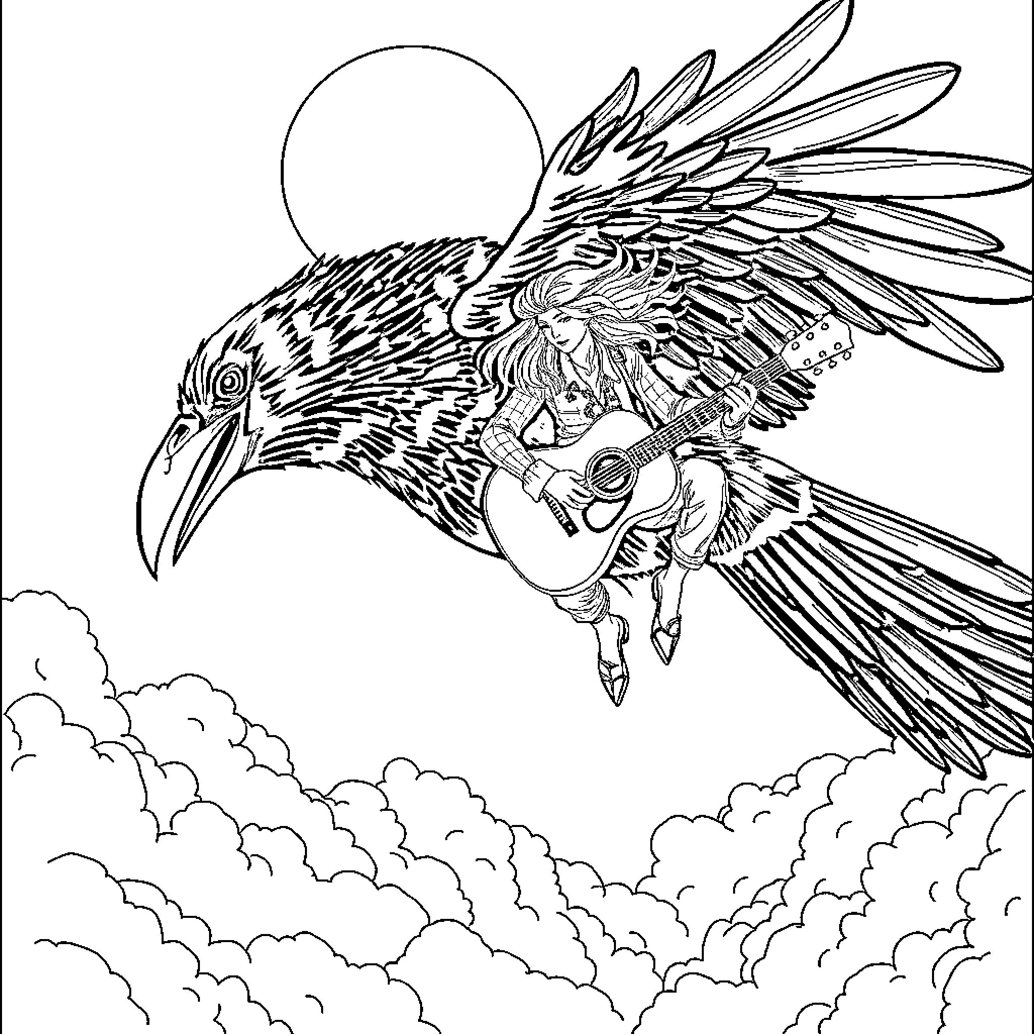Guitarist playing guitar on the back of a giant bird Coloring Page (free black-and-white line drawing printable PDF for all, from beginners to advanced learners, including children, teens, adults, and seniors)