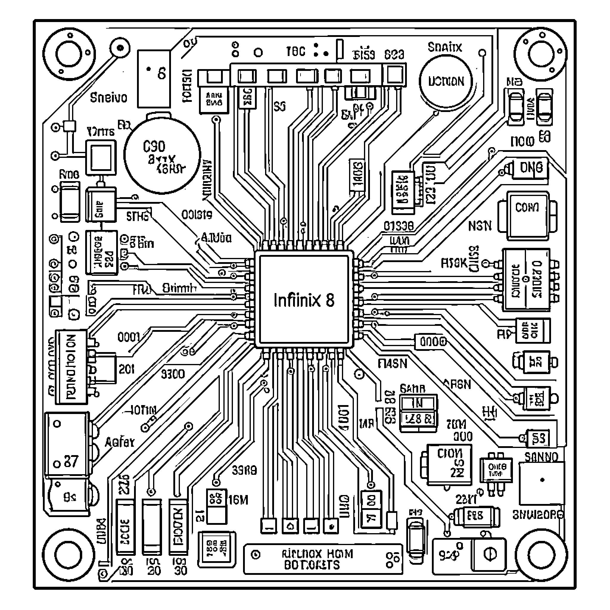 PCB with intricate circuit lines and various components Coloring Page (free black-and-white line drawing printable PDF for all, from beginners to advanced learners, including children, teens, adults, and seniors)