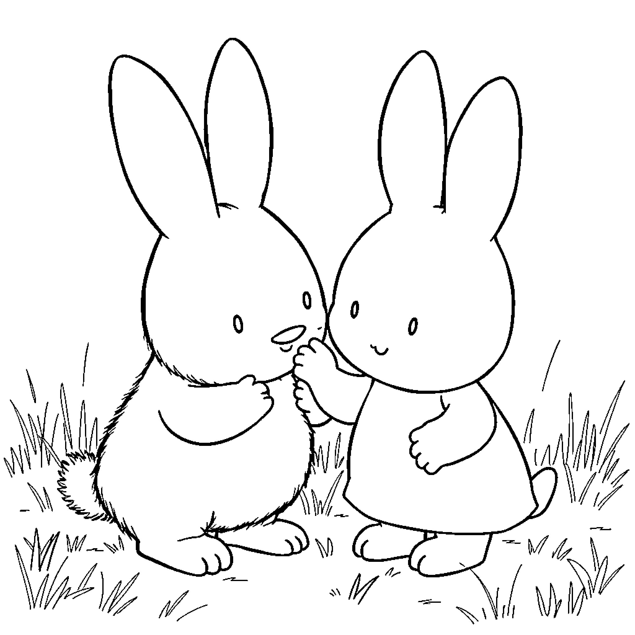 Miffy rabbits playing together in the grass Coloring Page (free black-and-white line drawing printable PDF for all, from beginners to advanced learners, including children, teens, adults, and seniors)