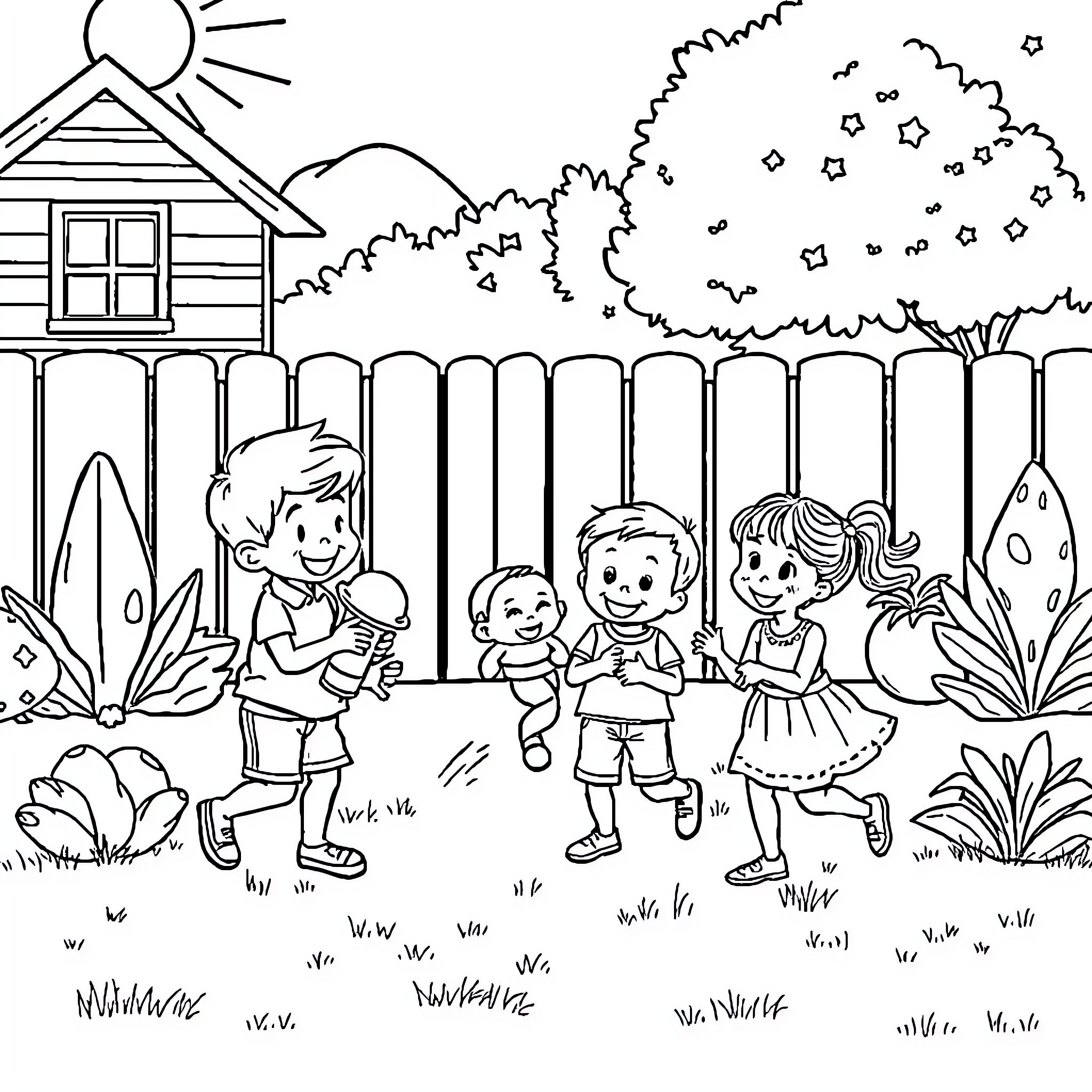 Brother's Backyard Fun with Friends Coloring Page (free black-and-white line drawing printable PDF for all, from beginners to advanced learners, including children, teens, adults, and seniors)
