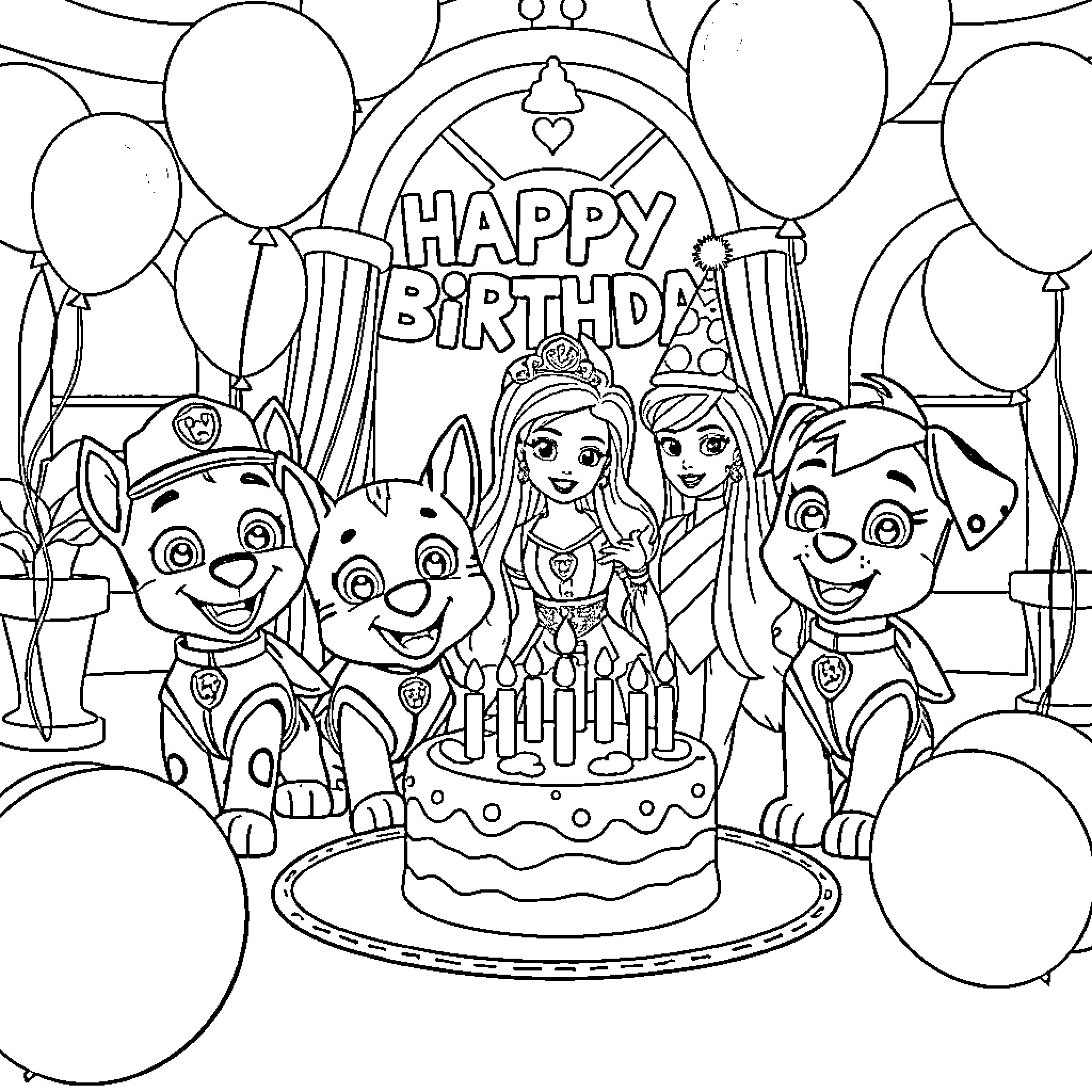 Paw Patrol Birthday Party with Cake and Balloons Coloring Page (free black-and-white line drawing printable PDF for all, from beginners to advanced learners, including children, teens, adults, and seniors)
